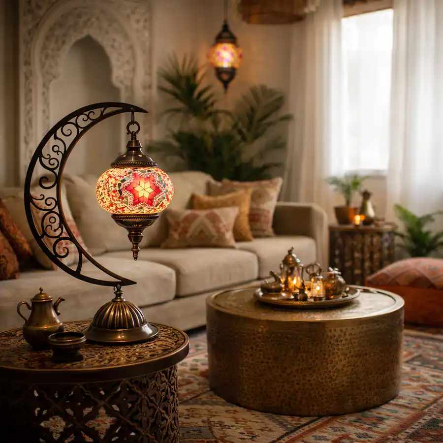 FC Design 16"H Bronze Moon Base Red Floral Star Mosaic Turkish Lamp ...