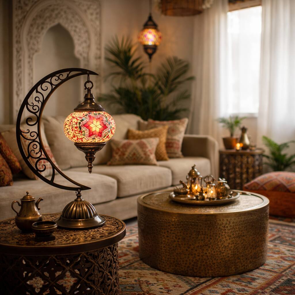 Front. FC Design - 16"H Bronze Moon-Base Red Floral Star Mosaic Turkish Lamp.