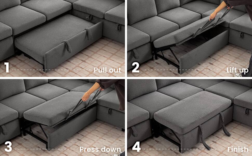 1. Pull out
2. Lift up
3. Press down
4. Finish
