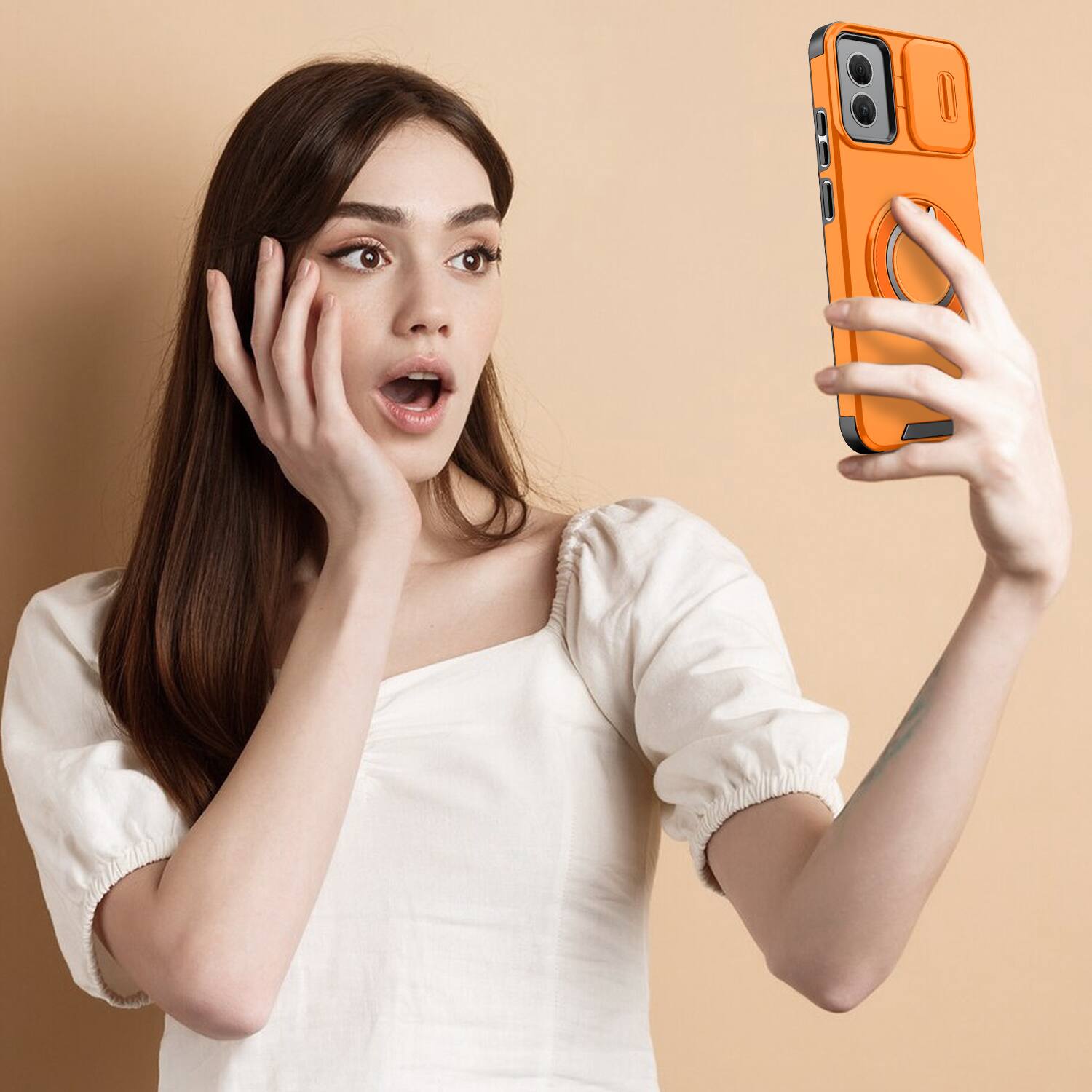 Alt View 6. UUCOVER - Magnetic Kickstand Case for Motorola G Power 5G 2024 with Slide Lens Cover & 360° Ring Holder, Rugged Protective Shell - Orange.
