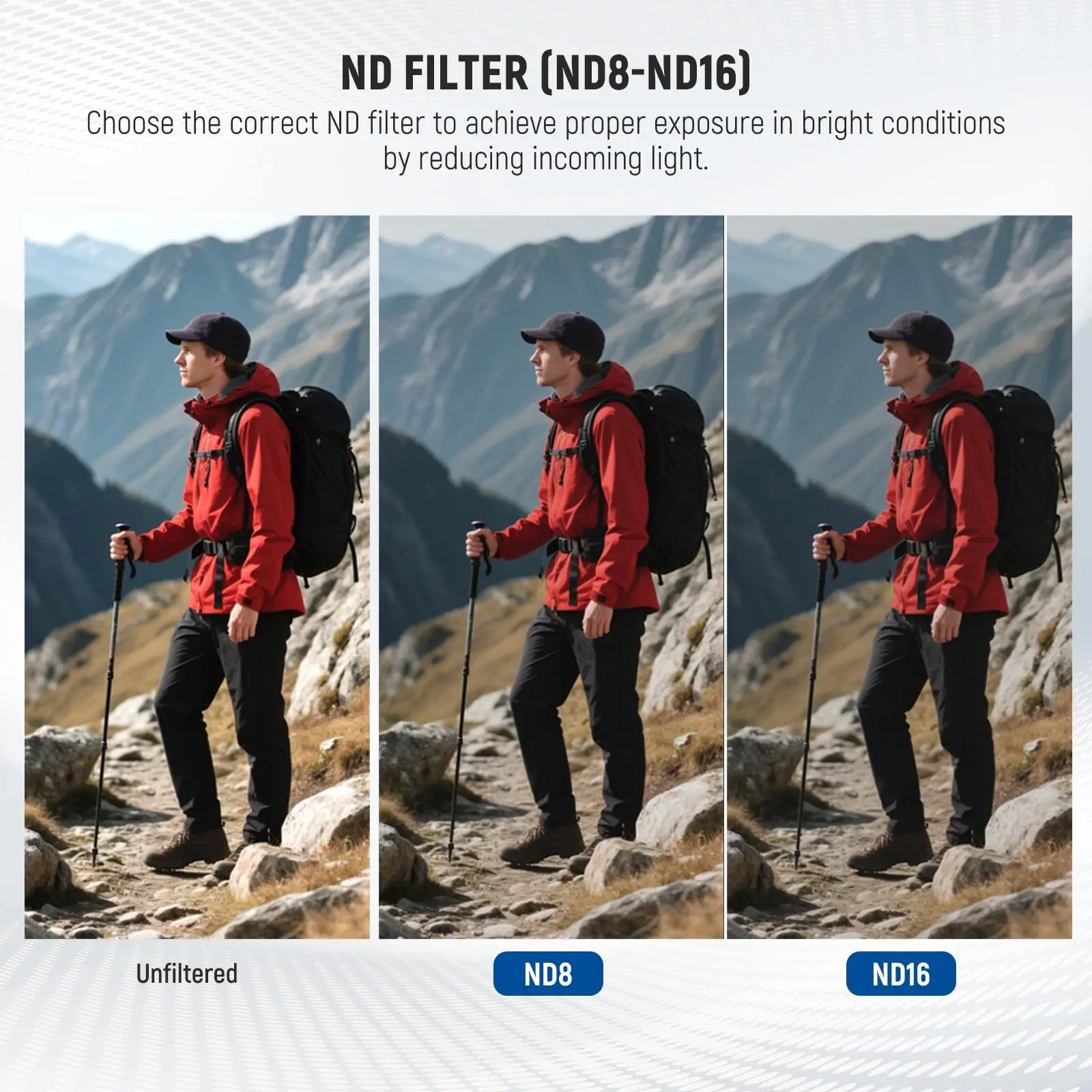 ND FILTER (ND8-ND16)

Choose the correct ND filter to achieve proper exposure in bright conditions by reducing incoming light.

Unfiltered

ND8

ND16