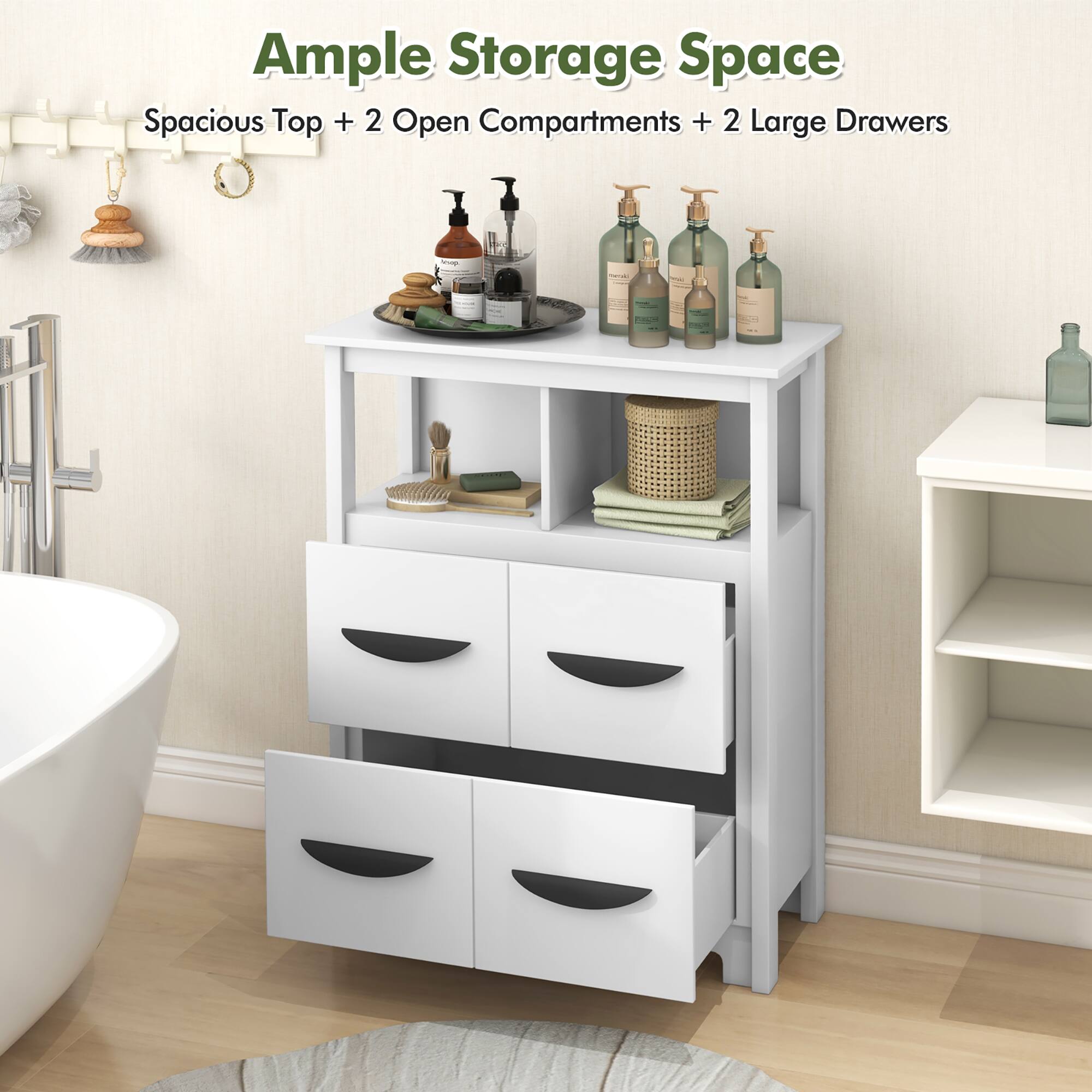 Ample Storage Space  
Spacious Top + 2 Open Compartments + 2 Large Drawers