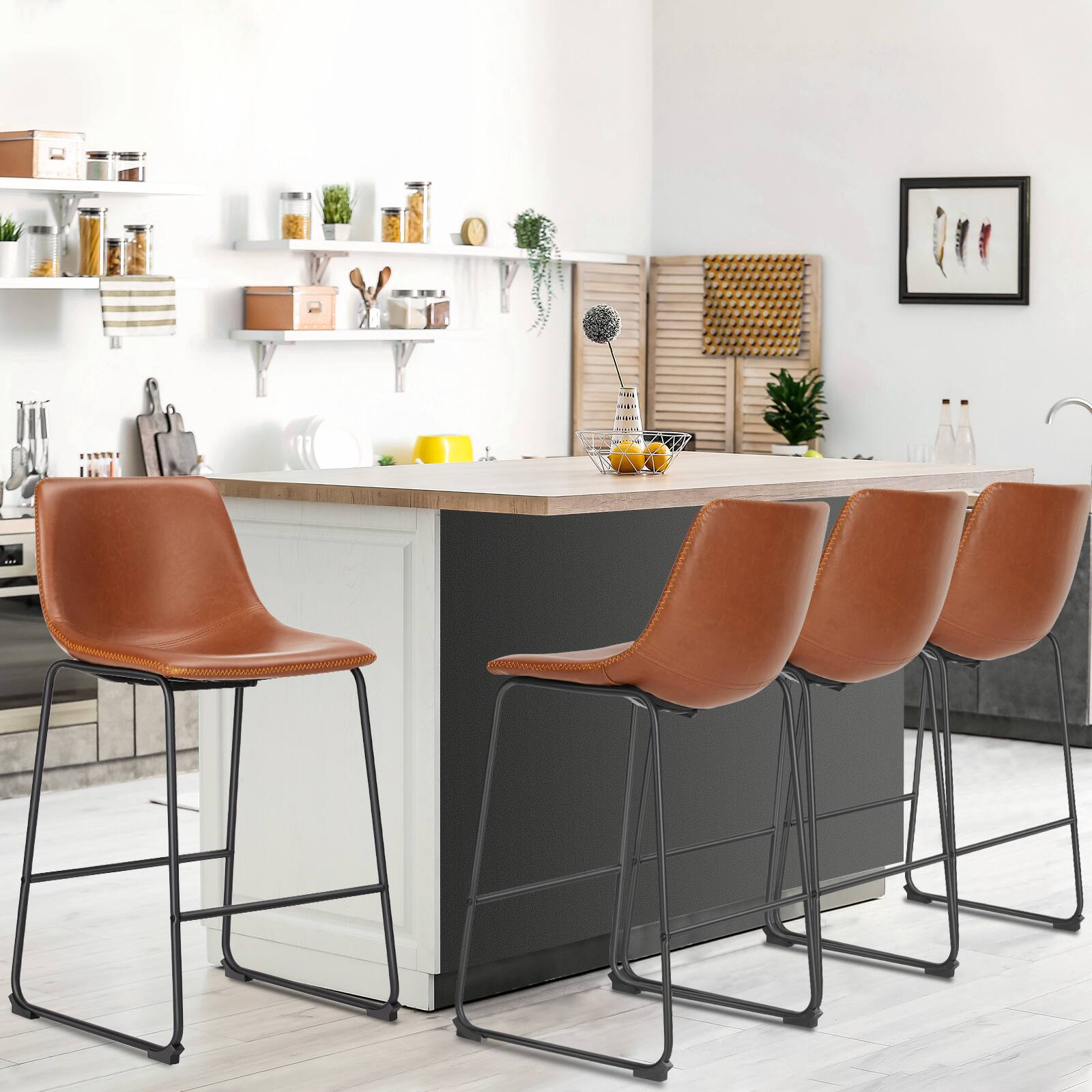 Alt View 1. PexFix - Industrial Bar Stools, Set of 2, Upholstery Armless Leather with Metal Legs, Footrest for Kitchen Island, Home Bar - Brown.