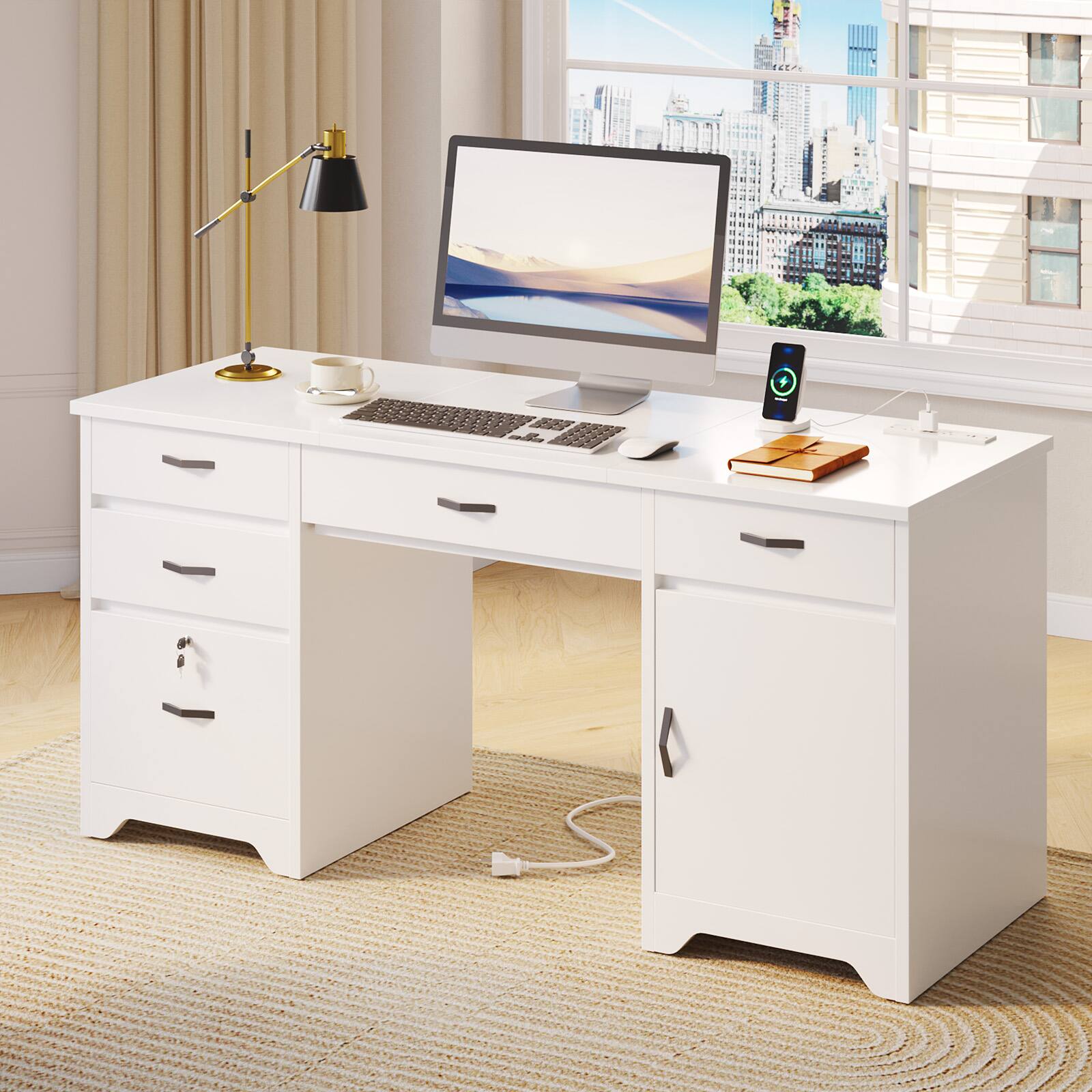 Left. Bestier - 59-inch Office Desk with Charging station, File Drawers & Cabinets for Study & Bedroom - White.