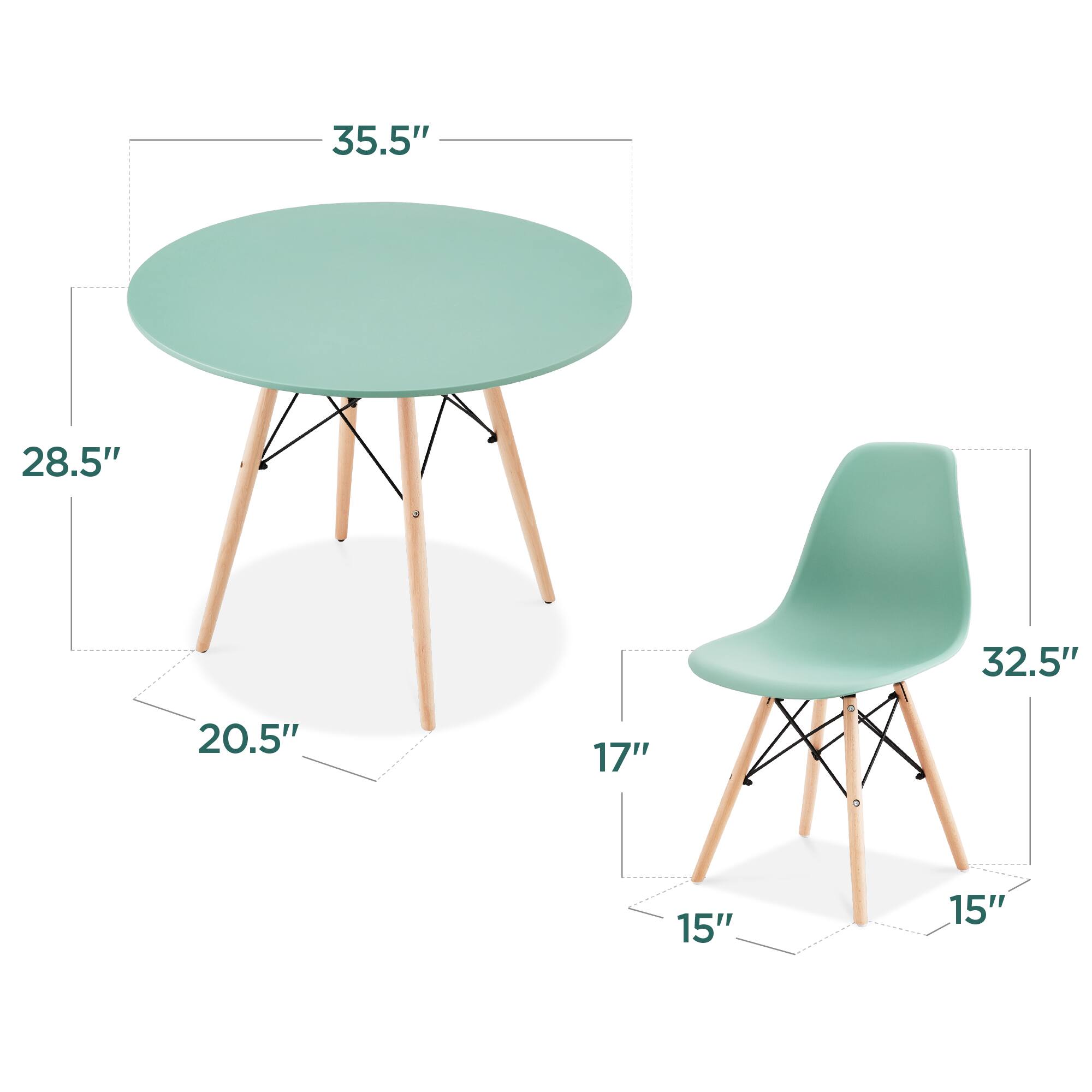 - Table: 35.5" (diameter), 28.5" (height), 20.5" (leg height)
- Chair: 32.5" (height), 17" (seat width), 15" (seat depth), 15" (leg width)