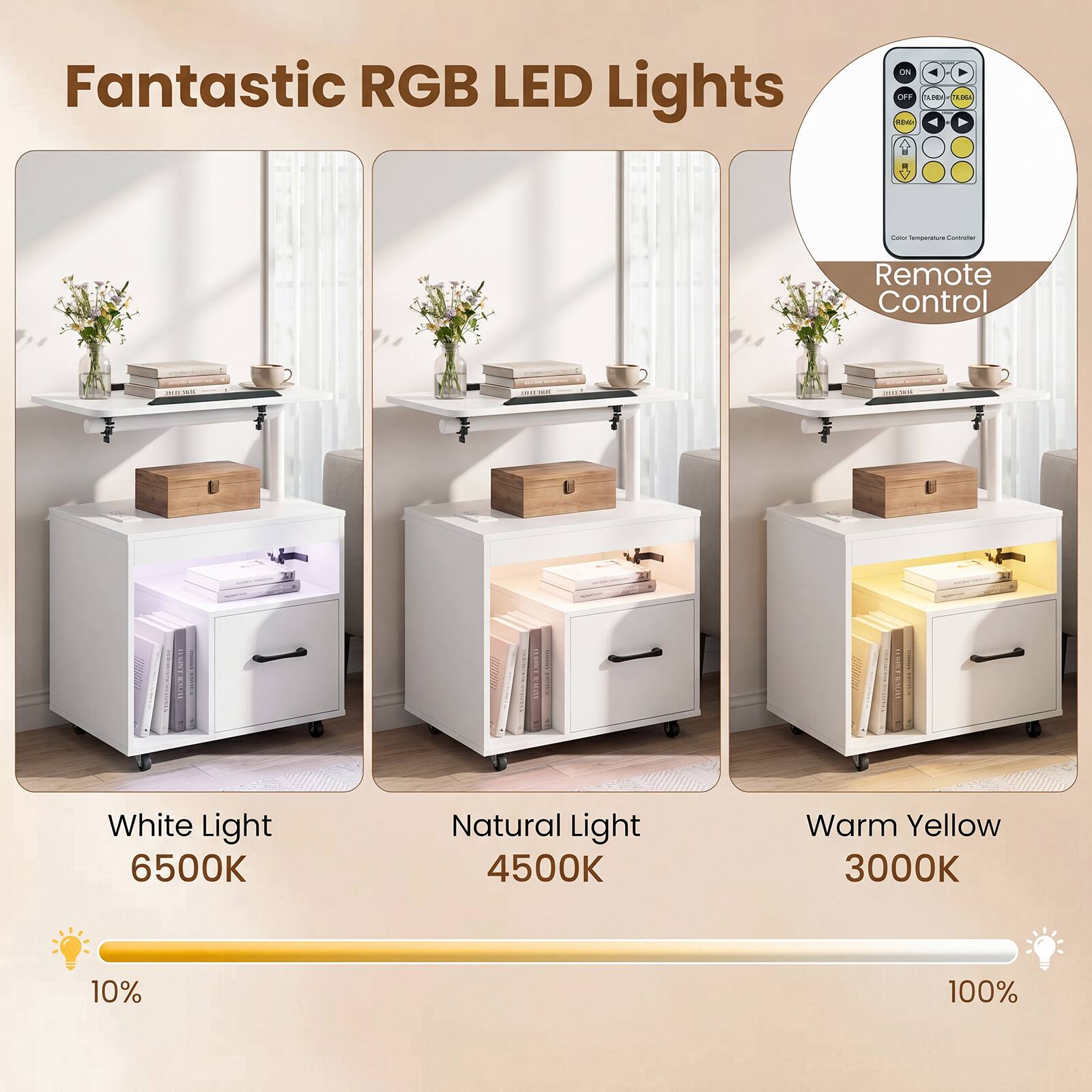 Fantastic RGB LED Lights

- Remote Control
- White Light 6500K
- Natural Light 4500K
- Warm Yellow 3000K
- 10% - 100%