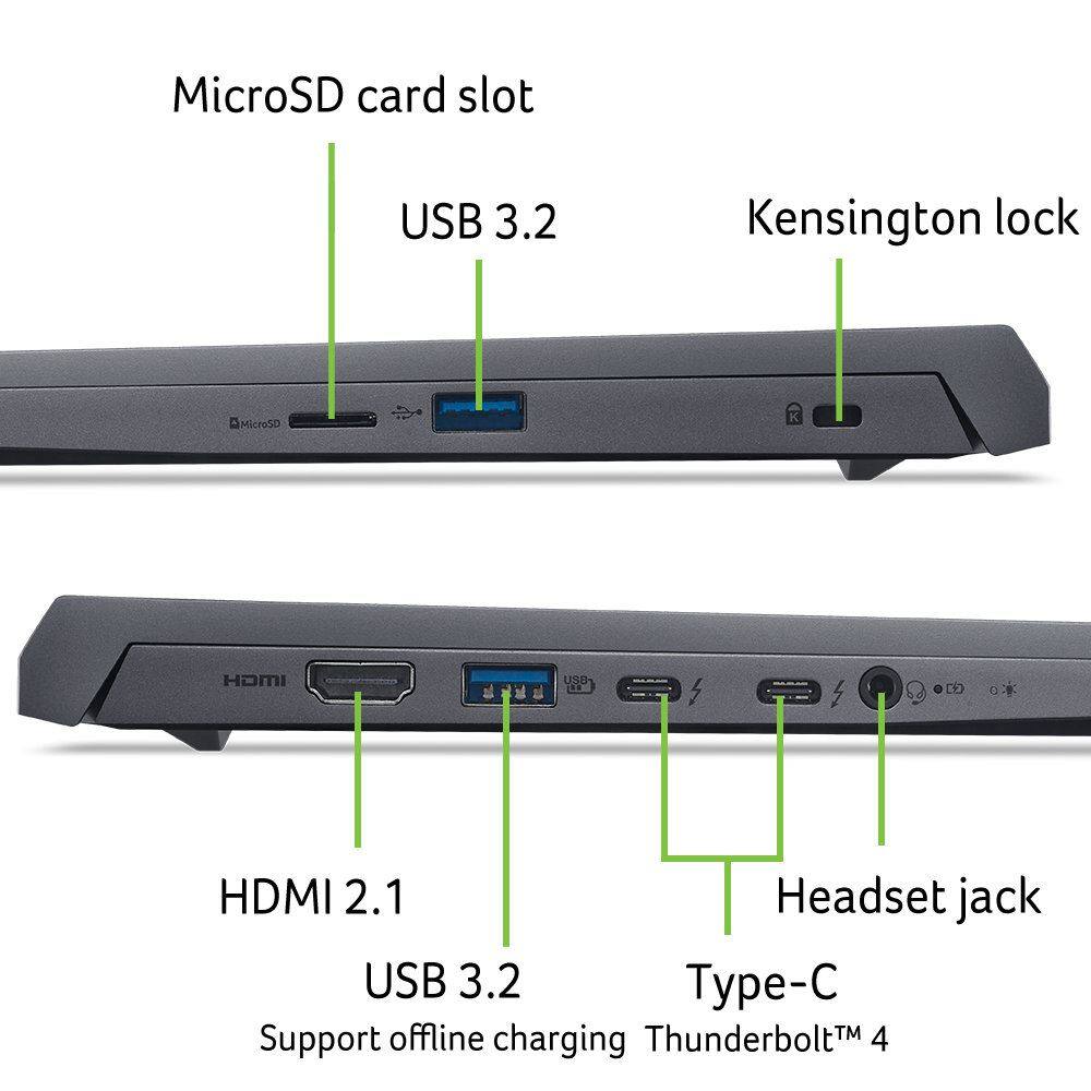 MicroSD card slot, USB 3.2, Kensington lock, HDMI 2.1, Headset jack, USB 3.2 Type-C, Thunderbolt 4, Support offline charging.