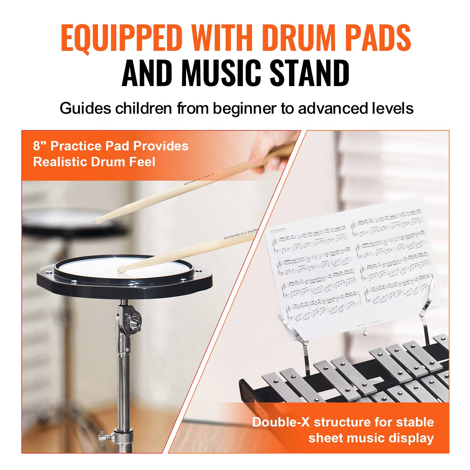 EQUIPPED WITH DRUM PADS AND MUSIC STAND  
Guides children from beginner to advanced levels  

8" Practice Pad Provides Realistic Drum Feel  

Double-X structure for stable sheet music display