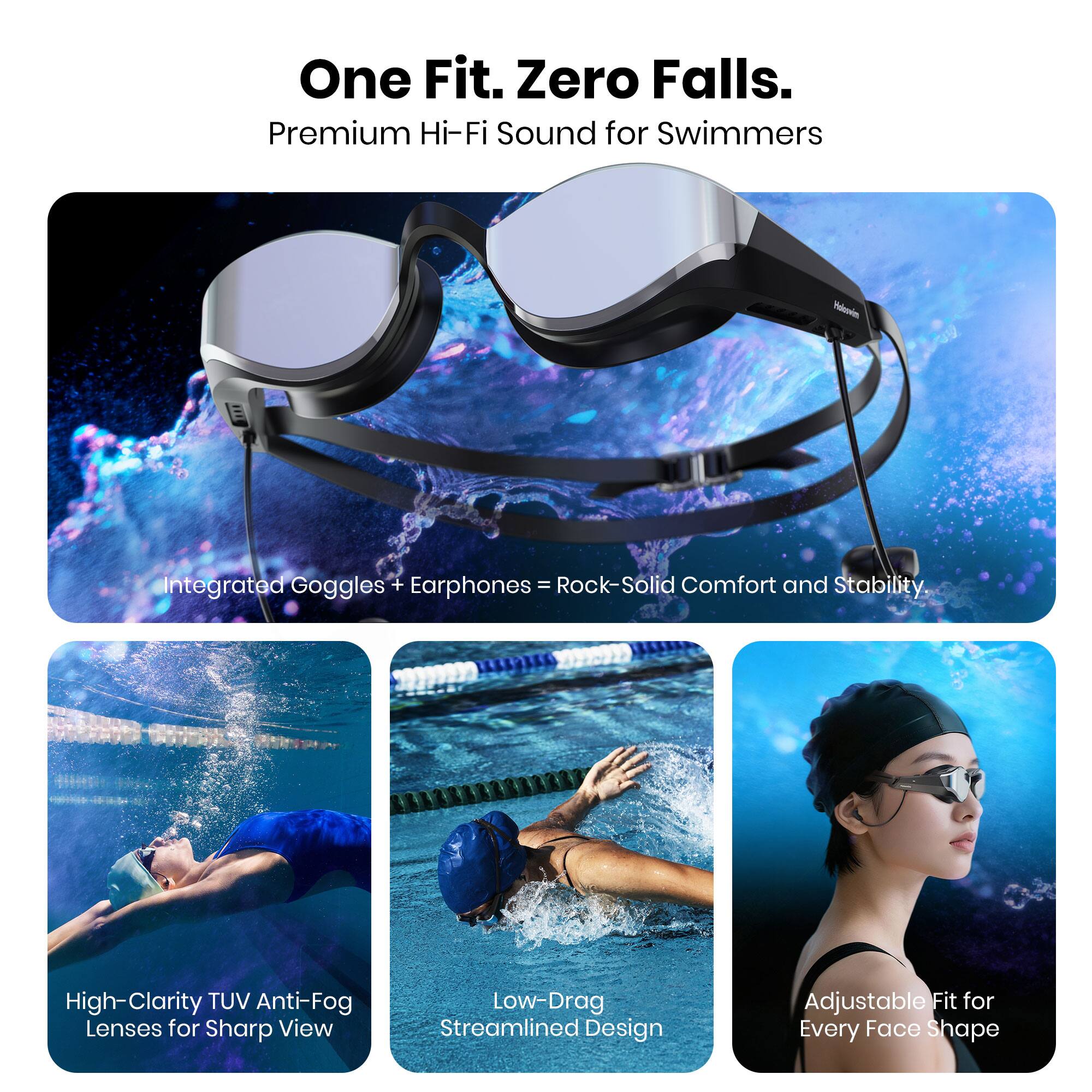 One Fit. Zero Falls.  
Premium Hi-Fi Sound for Swimmers  
Motooin Integrated Goggles + Earphones = Rock-Solid Comfort and Stability  
High-Clarity TUV Anti-Fog Lenses for Sharp View  
Low-Drag Streamlined Design  
Adjustable Fit for Every Face Shape