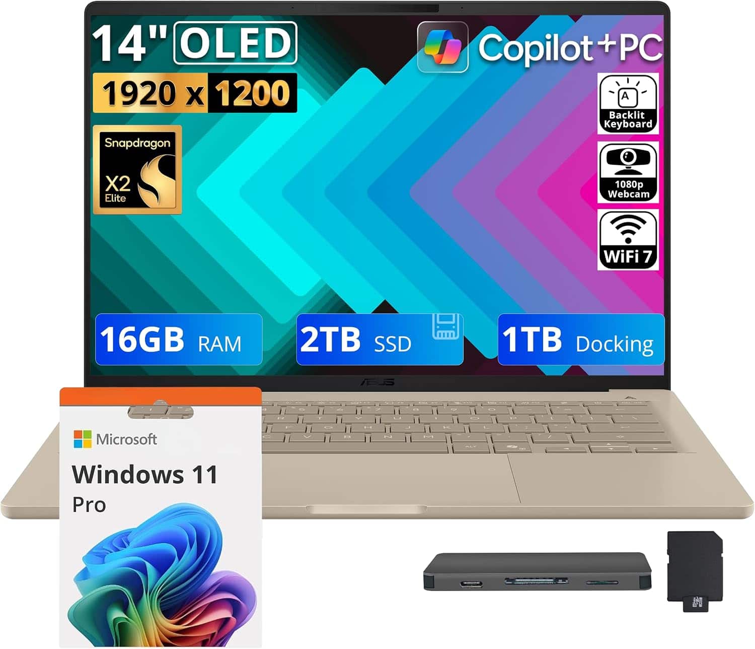 ASUS - Upgraded - Zenbook A14 14" FHD+ OLED Laptop,Snapdragon X2 Elite,16GB RAM,2TB SSD+1TB Dock,Backlit,Win11 Pro - Zabriskie Beige