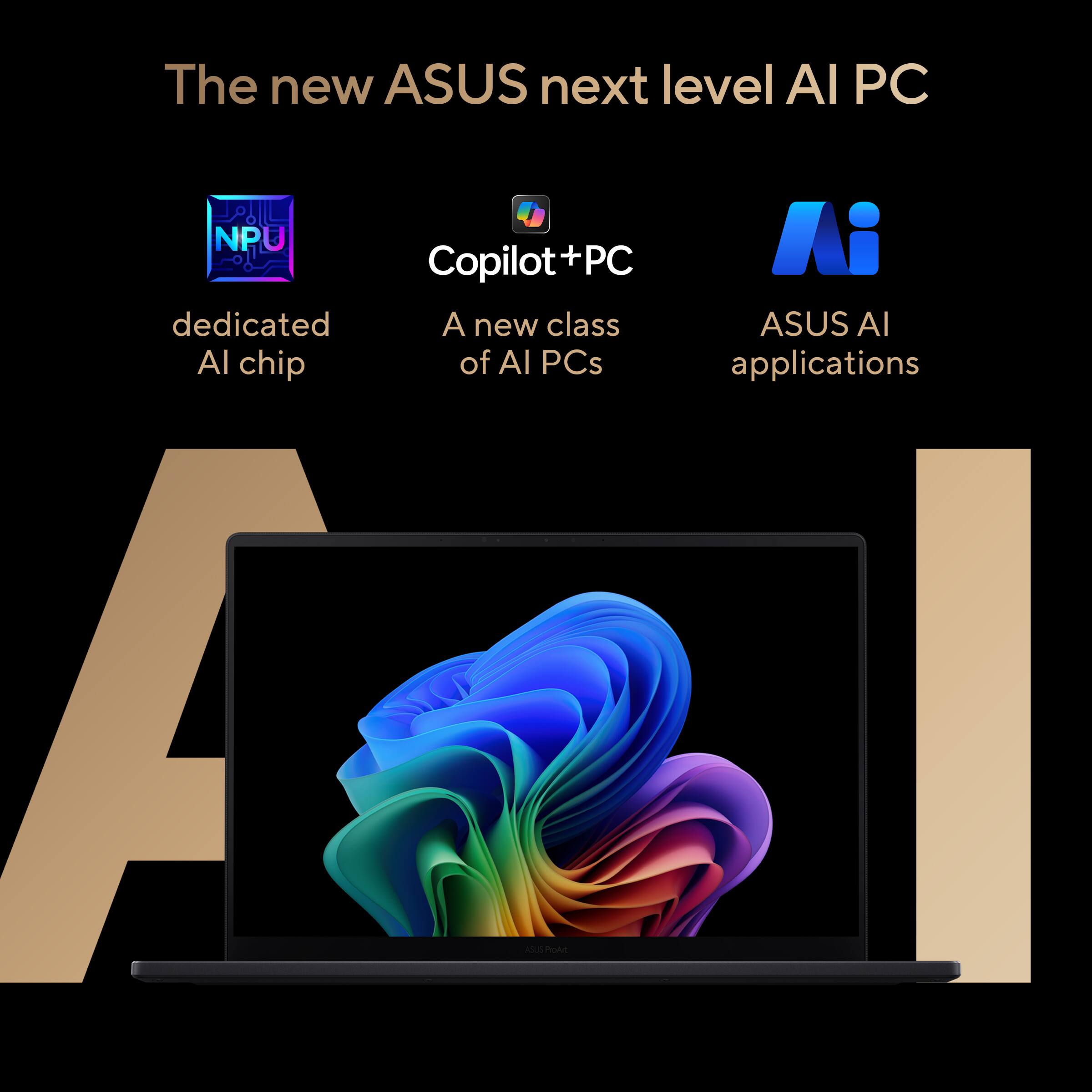 The new ASUS next level AI PC

- dedicated AI chip
- Copilot+PC
- A new class of AI PCs
- ASUS AI applications