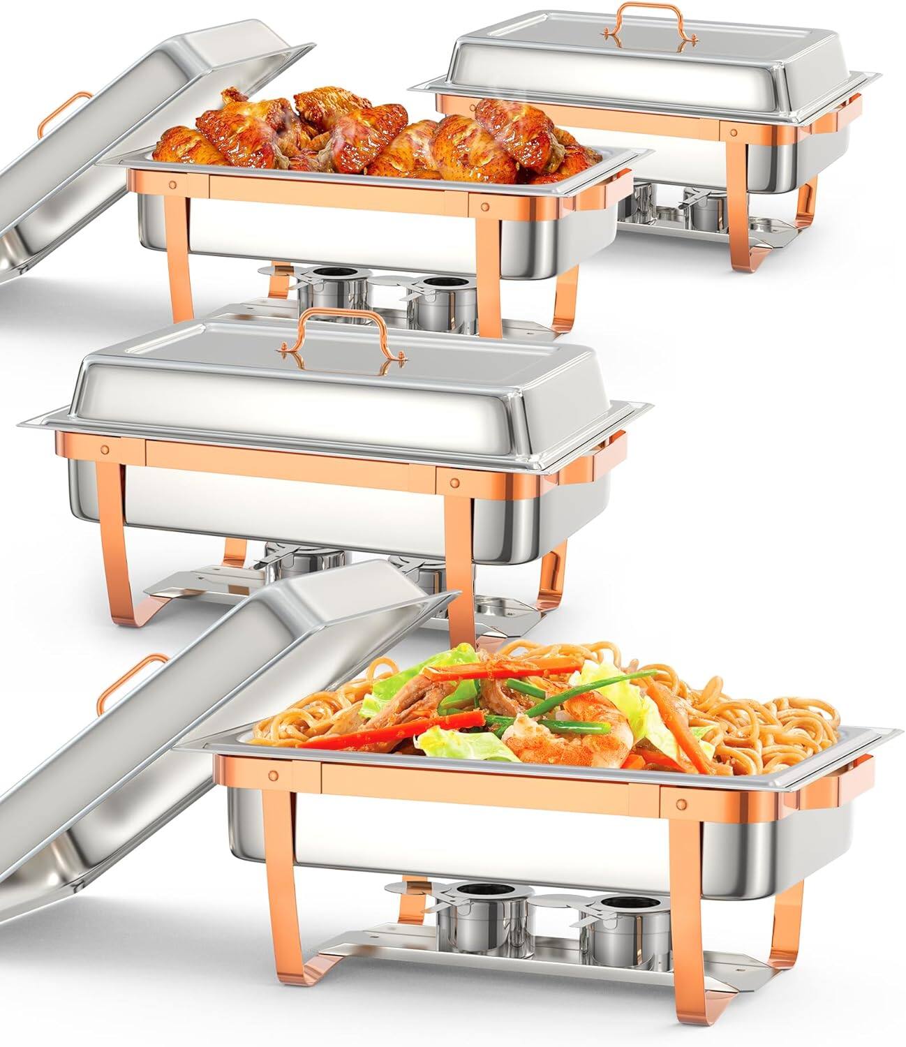 Front. GARVEE - Chafing Dish for Buffet Set, 4 Packs 8 Qt Chafers and Buffet Warmers Sets With Folding Frame, Rose Gold - Gold.