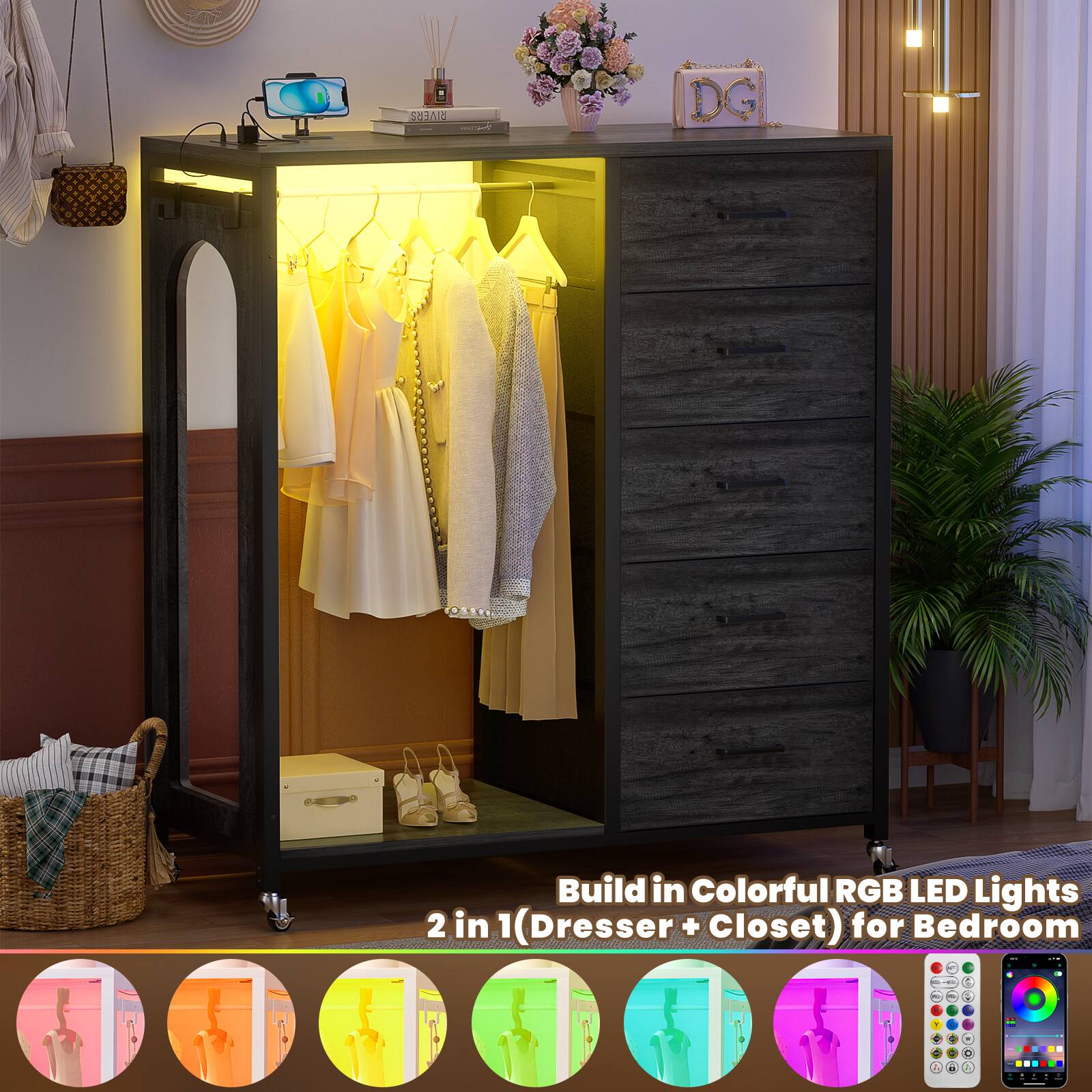 Build in Colorful RGB LED Lights 2 in 1 (Dresser + Closet) for Bedroom