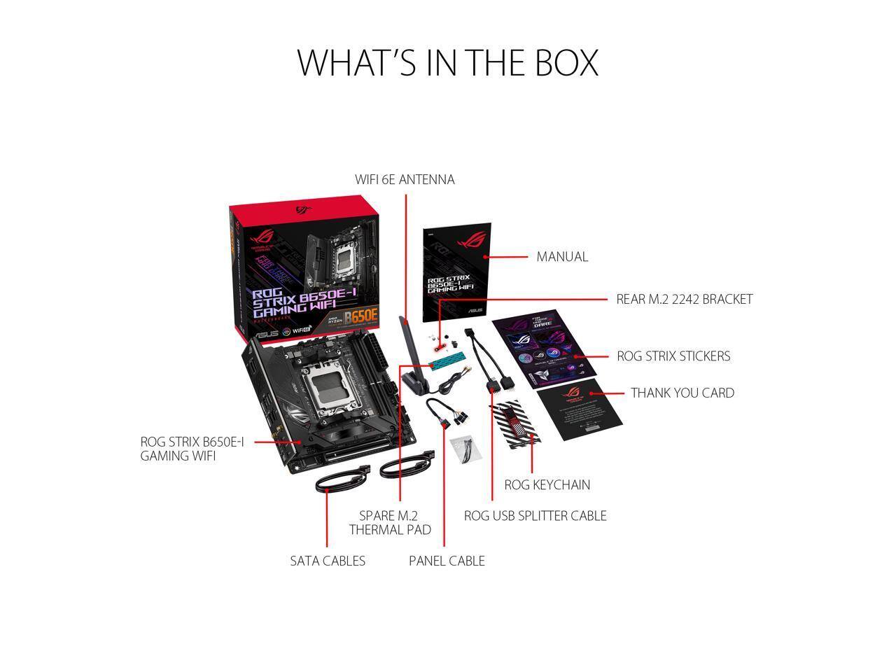 WHAT'S IN THE BOX  
WIFI 6E ANTENNA  
MANUAL  
ROG STRIX B650E-I GAMING WIFI  
REAR M.2 2242 BRACKET  
ROG STRIX STICKERS  
THANK YOU CARD  
ROG KEYCHAIN  
SPARE M.2 THERMAL PAD  
ROG USB SPLITTER CABLE  
SATA CABLES  
PANEL CABLE