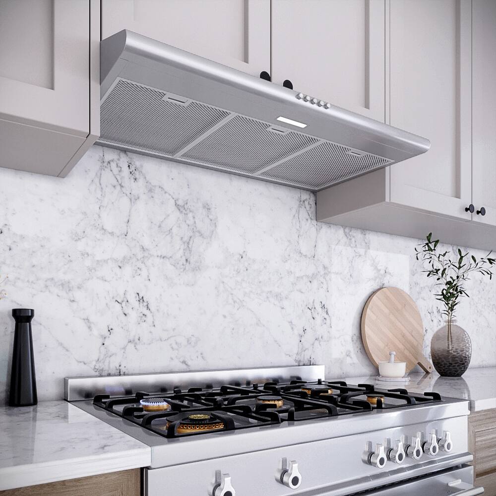 Back. Streamline - 36 in. Tigli Ductless Undermount 80 CFM Range Hood, Mesh Filters, Push Button Control, LED Light - Brushed Stainless Steel.