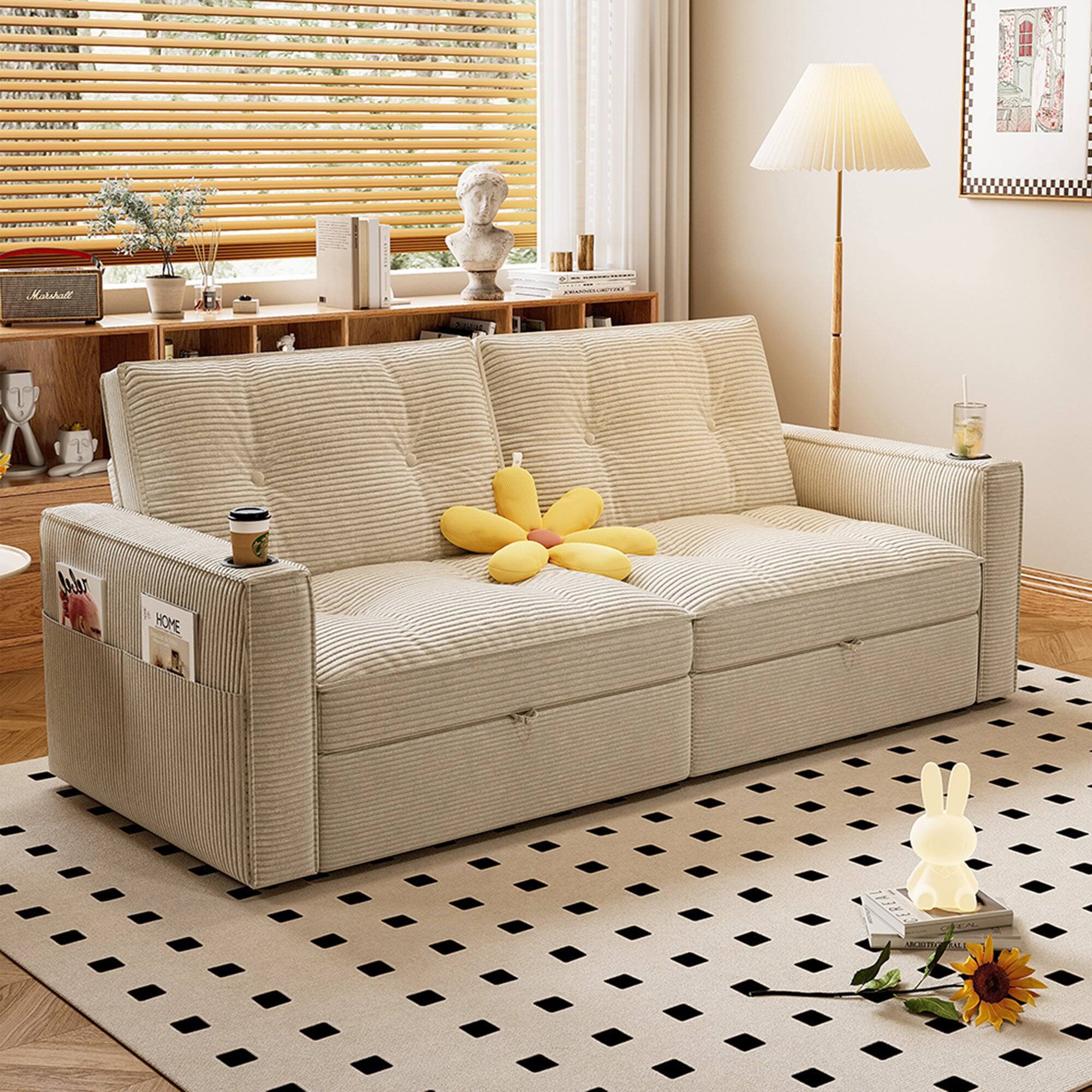 Alt View 5. Boyel Living - SOMNUS 2 in 1 Convertible Sofa Bed Corduroy Steel Frame 600 lbs Load Capacity Small Space White - White.