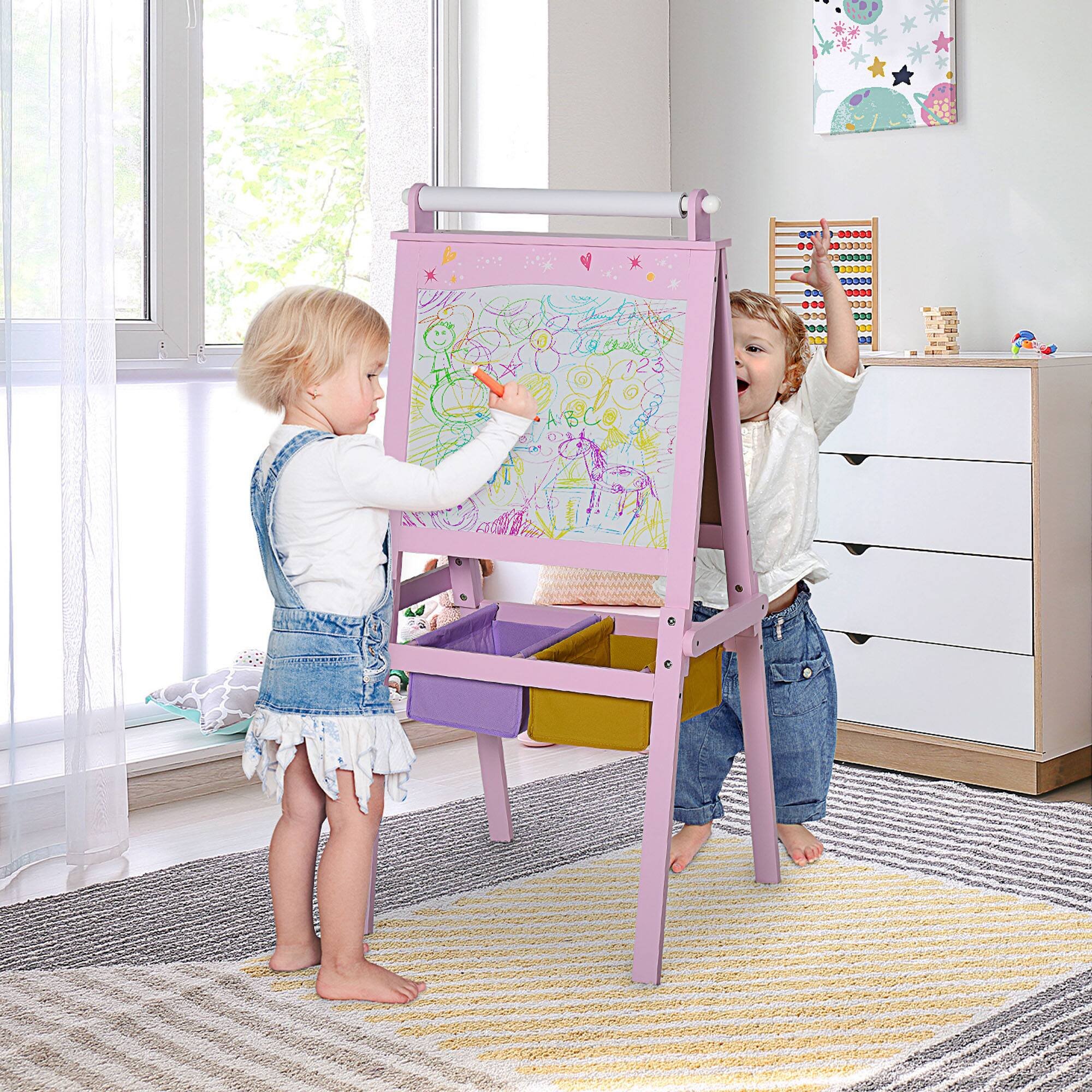 Angle. Qaba - 3 In 1 Kids Wooden Art Easel with Paper Roll, Double-Sided Chalkboard & Whiteboard, Storage Baskets, Gift.