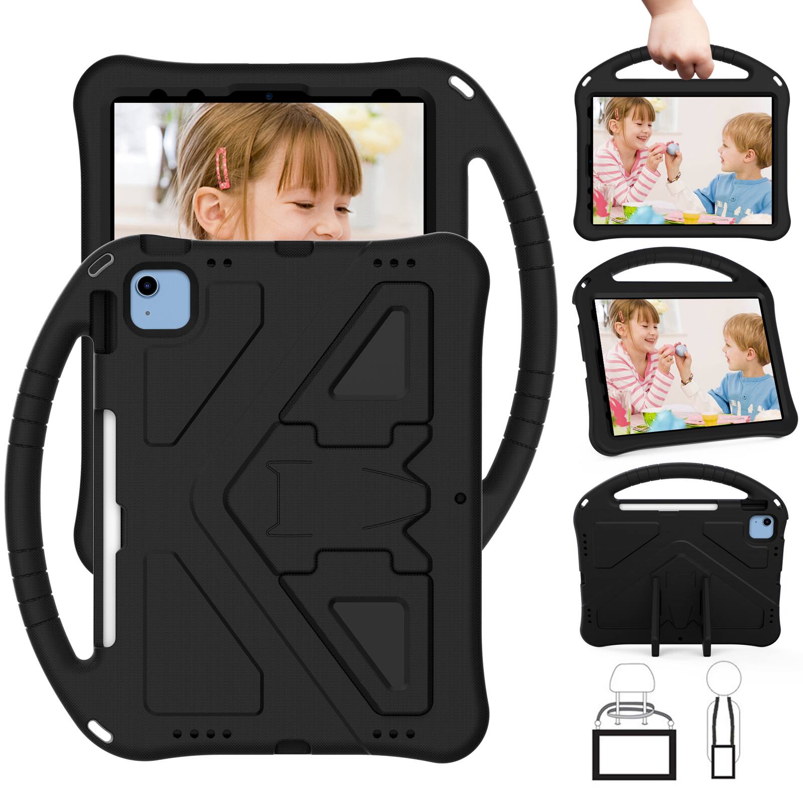 Angle. Dteck - For Apple iPad 11'' (A16 chip 2025)and iPad 10th 2022 Lightweight EVA Shockproof Handle Stand Kids Case Cover - Black.