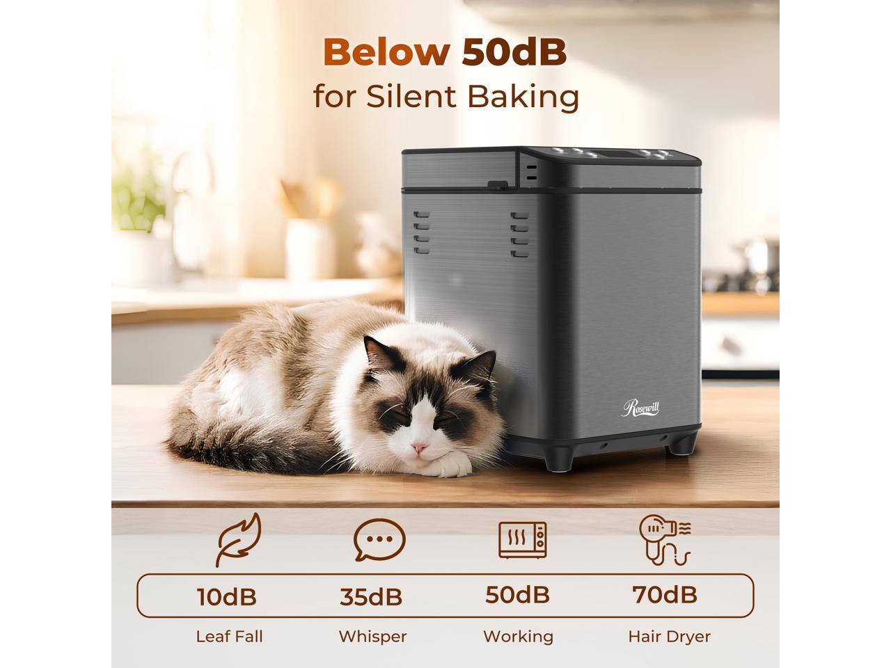 Below 50dB for Silent Baking

10dB - Leaf Fall  
35dB - Whisper  
50dB - Working  
70dB - Hair Dryer