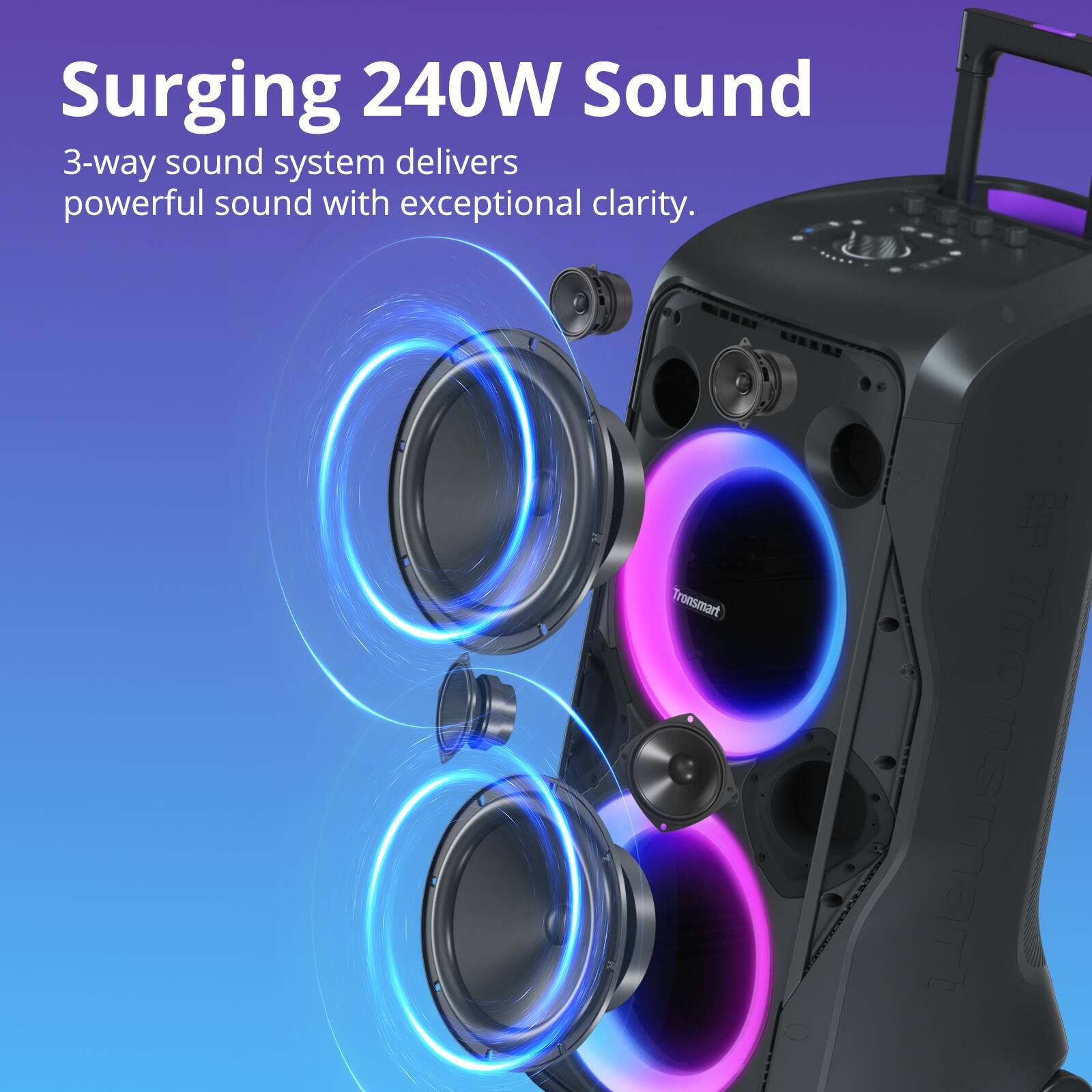 Surging 240W Sound
3-way sound system delivers powerful sound with exceptional clarity.
Tronsmart