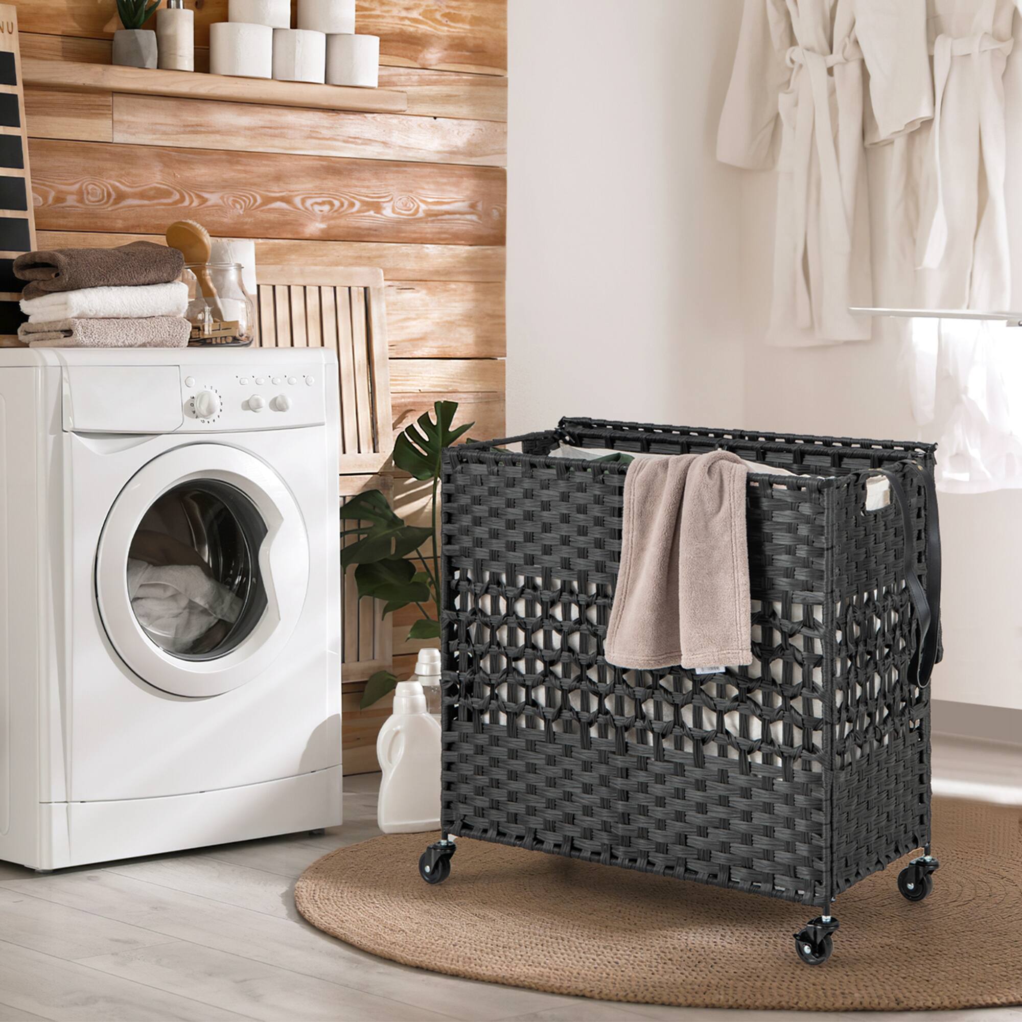 Alt View 11. Costway - 110L Laundry Hamper with Wheels Clothes Basket Lid & Handle & 2 Liner Bags Black - Black.