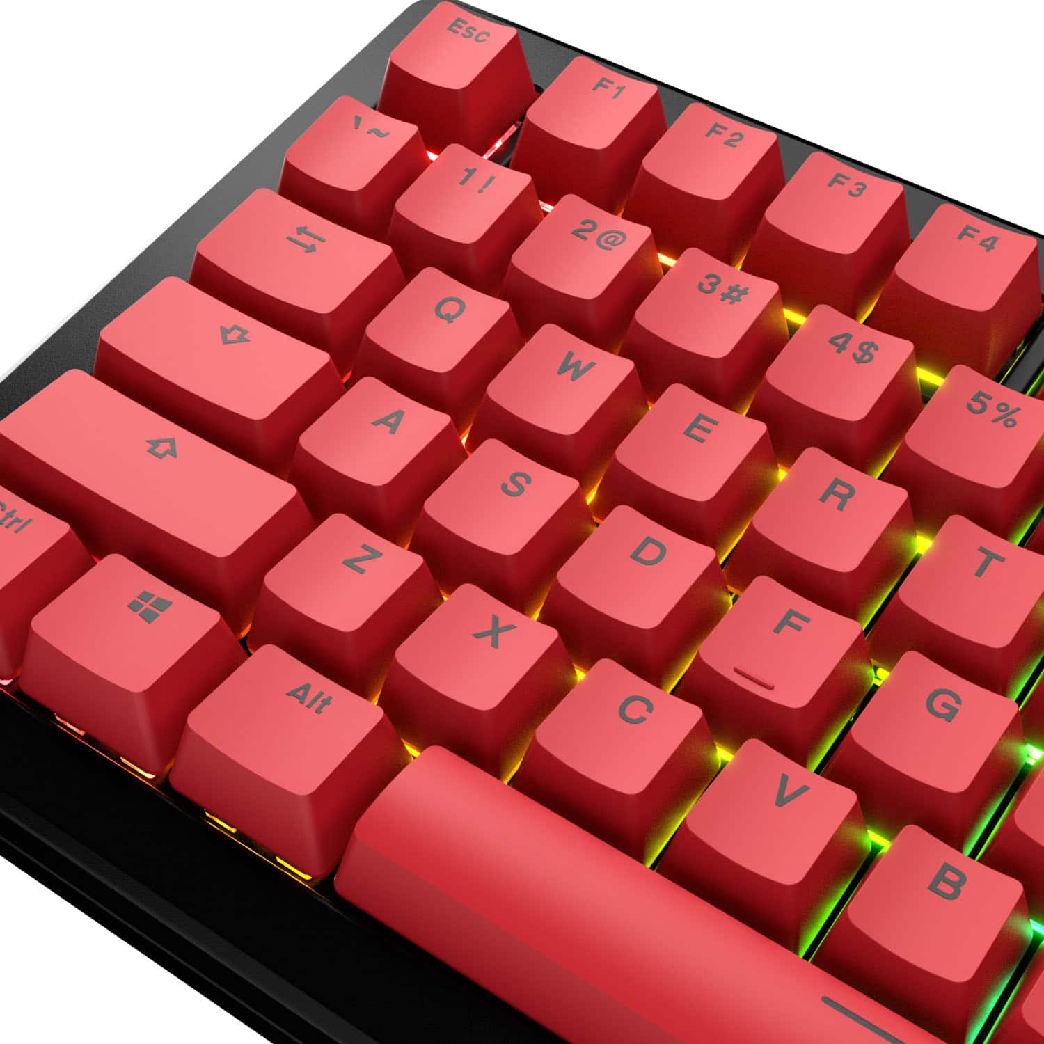 The image shows a close-up of a red keyboard with a green light underneath. The keys are labeled with numbers and letters, including the numbers 1 through 9, the letters A through Z, and various punctuation marks such as the exclamation point, question mark, and at symbol. The keyboard also features function keys, such as F1 through F12, and the Alt and Ctrl keys. The green light underneath the keyboard indicates that it is illuminated, possibly for better visibility or to indicate that it is in use.