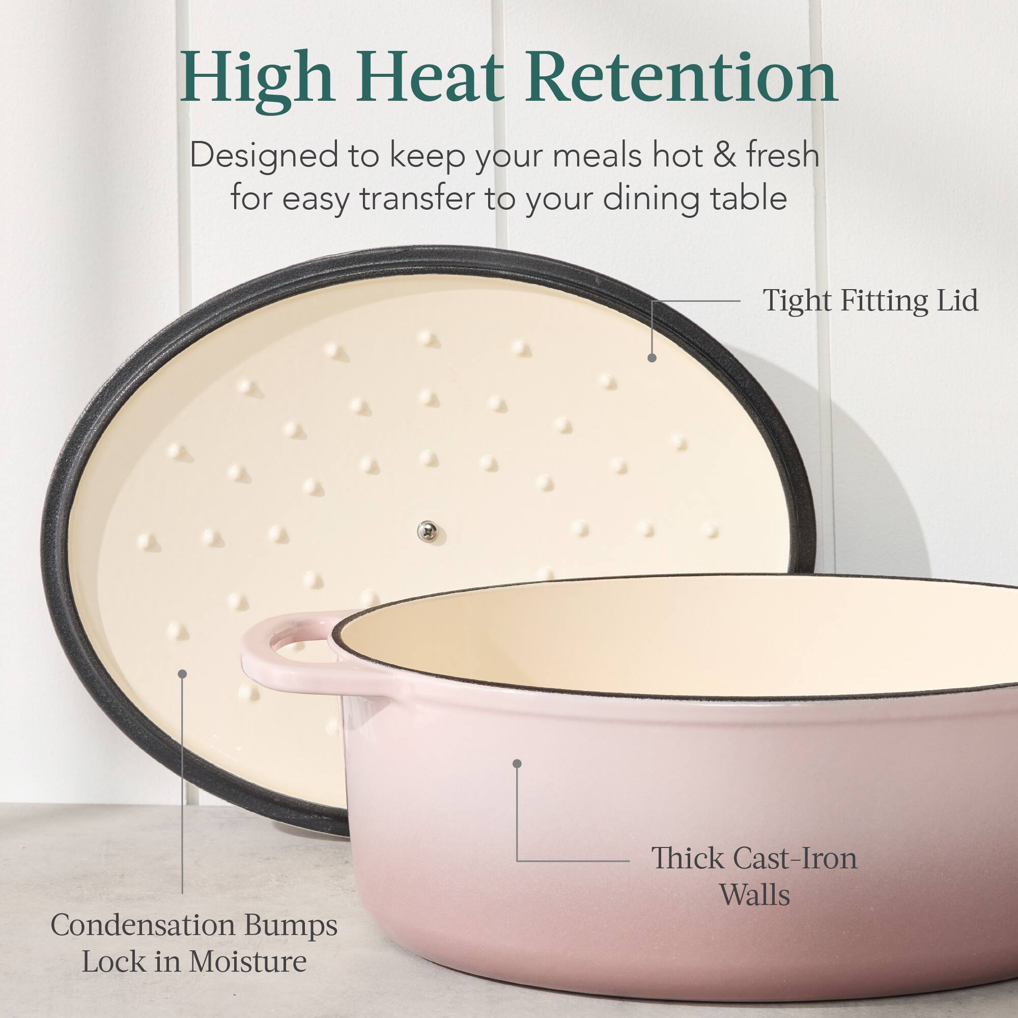 High Heat Retention  
Designed to keep your meals hot & fresh for easy transfer to your dining table  

Tight Fitting Lid  
Condensation Bumps Lock in Moisture  
Thick Cast-Iron Walls