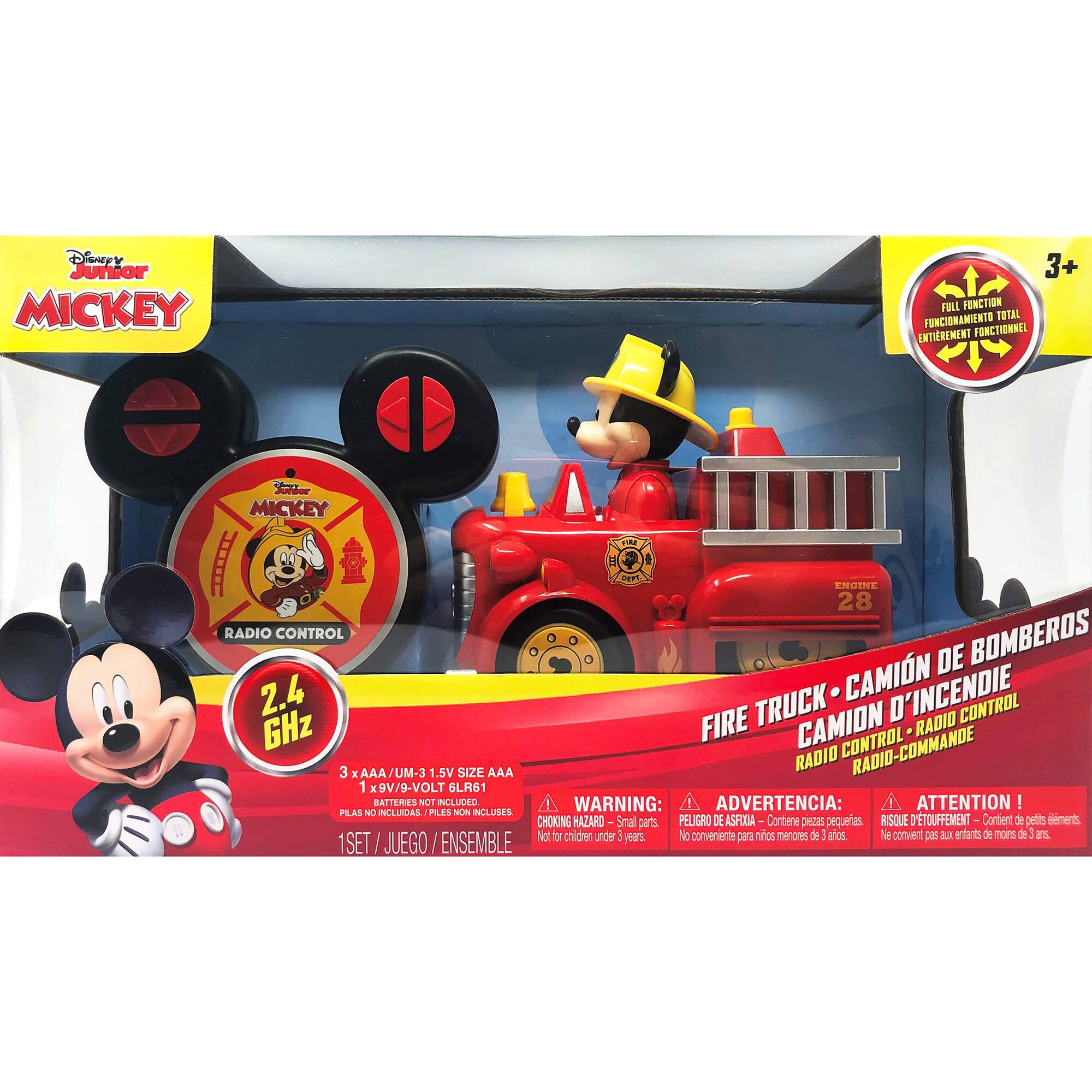 DisneY Junior MICKEY 3+ FIRE TRUCK CAMION D'INCENDIE RADIO CONTROL BOMBEROS CAMIN DE 2.4 GHz CONTROL RADIO-COMMANDE 3 XAAA UM-3 1.5V SIZE AAA RADIO-CONTROL 1 x9V/9-VOLT 6LR61 BATTERIES NOT INCLUDED WARNING: ATTENTION ! PILAS NO INCLUIDAS CHOKING HAZARD - Small parts. Not for children under 3 years. Contains small parts. Not for children under 3 years. 1 SET / JUEGO / ENSEMBLE