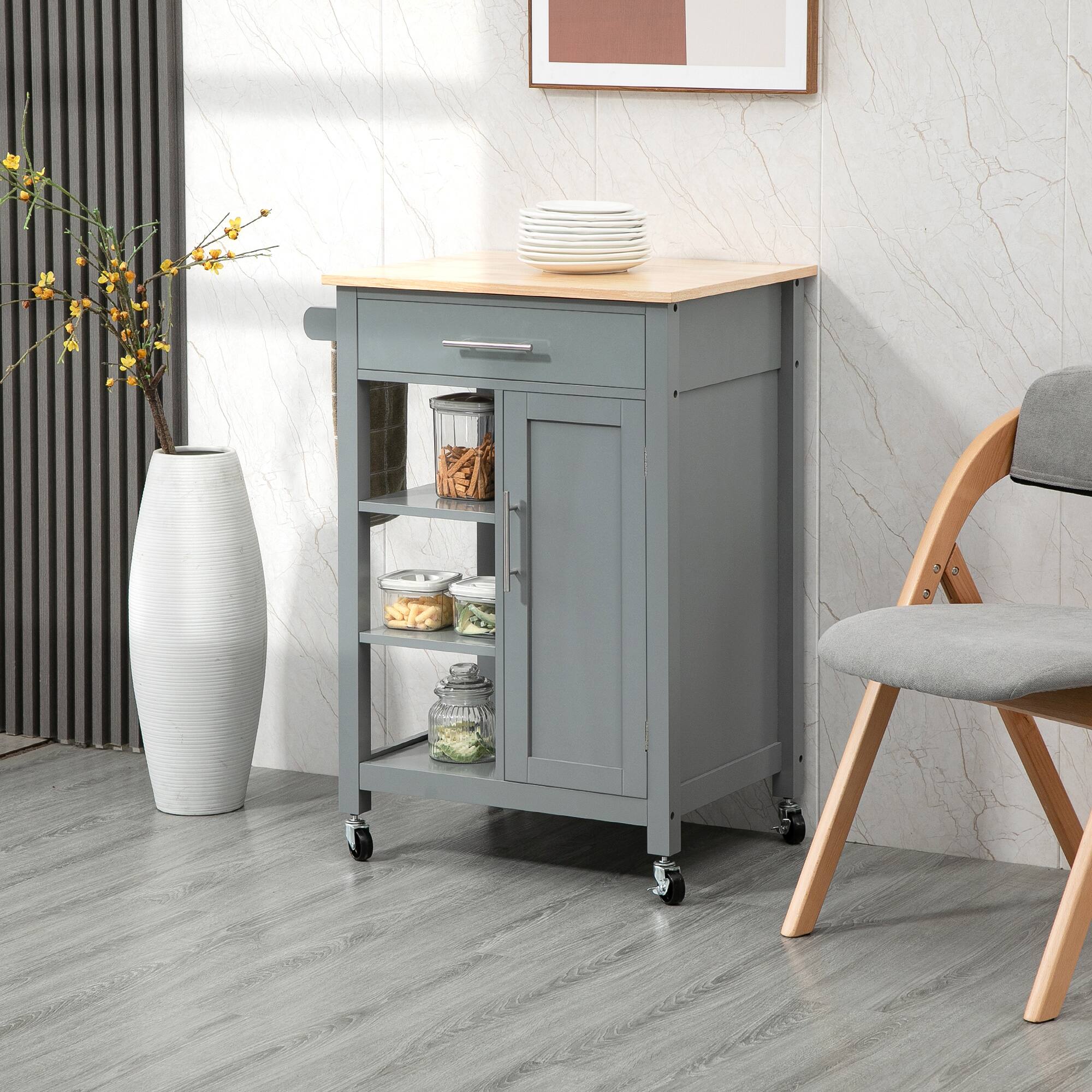 Alt View 1. Homcom - Island Cart, Rolling Kitchen Island with Storage Shelf, Solid Wood Top, Drawer - Grey.