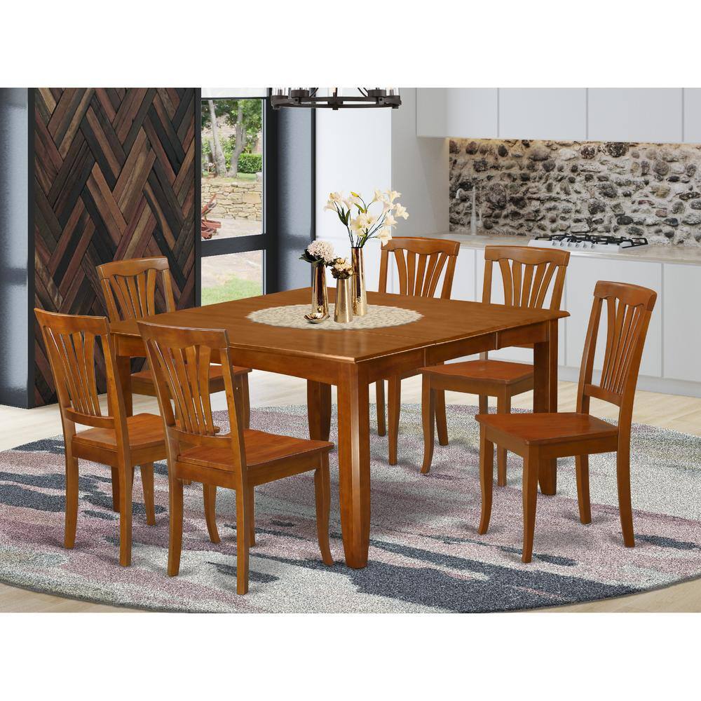 Back. East West Furniture - 7 Pc Dining room set-Square Table with Leaf and 6 Dining Chairs. - Saddle Brown.