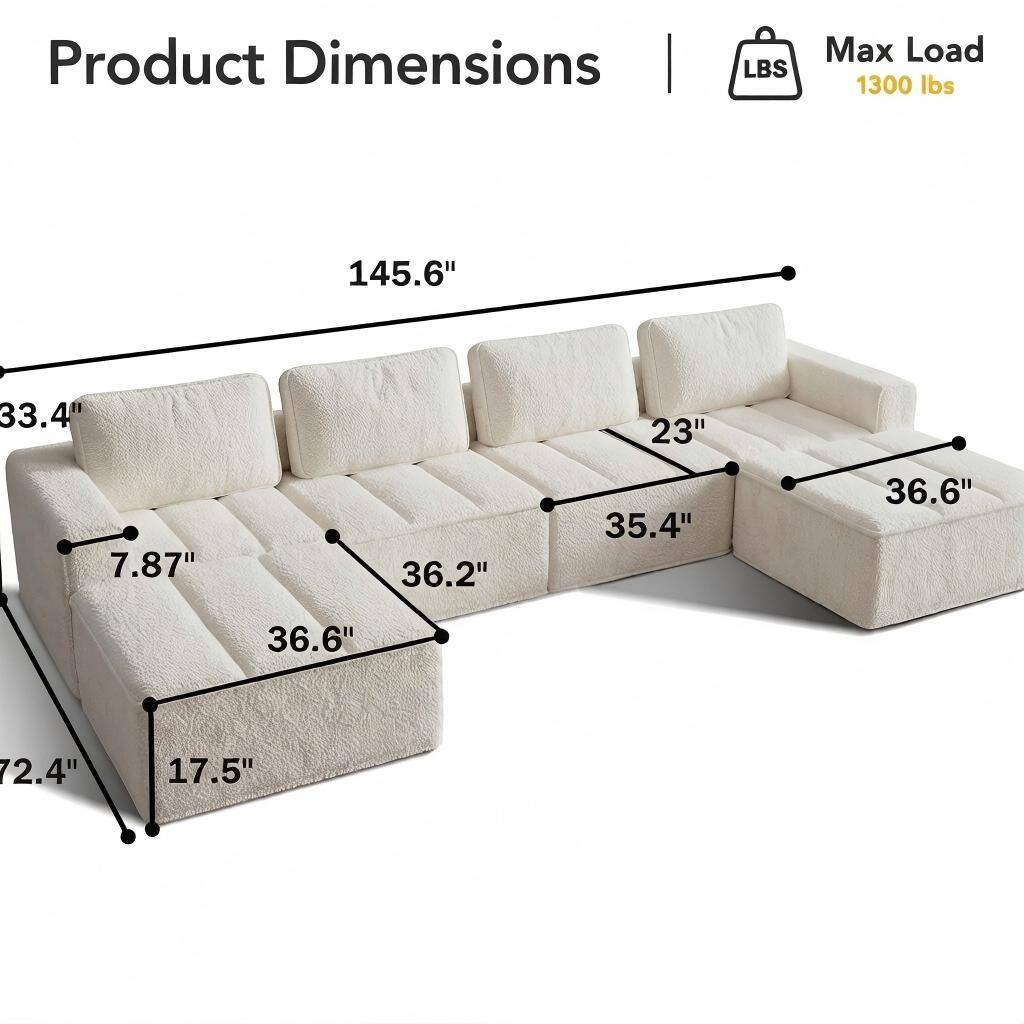 Product Dimensions  
LBS Max Load  
1300 lbs  
145.6"  
33.4"  
23"  
7.87"  
36.2"  
35.4"  
36.6"  
36.6"  
72.4"  
17.5"