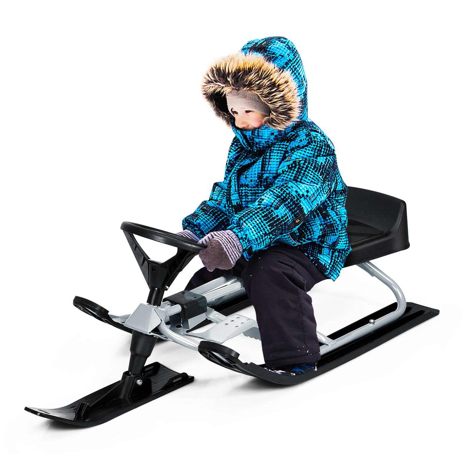 Angle. Costway - Kids Snow Racer Sled w/ Steering Wheel & Double Brakes Pull Rope Snow Slider - Black+Silver.