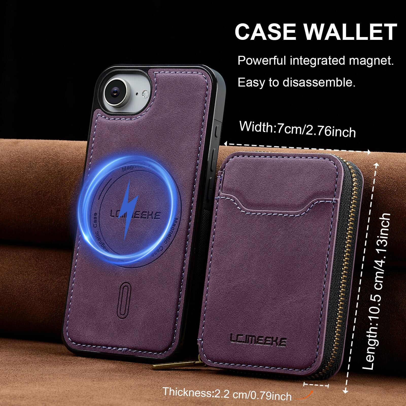CASE WALLET  
Powerful integrated magnet.  
Easy to disassemble.  

Width: 7 cm / 2.76 inch  
Length: 10.5 cm / 4.13 inch  
Thickness: 2.2 cm / 0.79 inch
