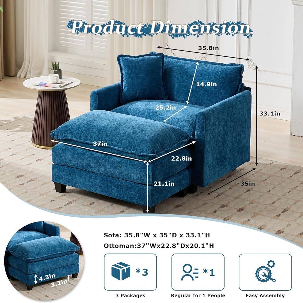Product Dimension

Sofa: 35.8"W x 35"D x 33.1"H  
Ottoman: 37"W x 22.8"D x 20.1"H

3 Packages  
Regular for 1 People  
Easy Assembly