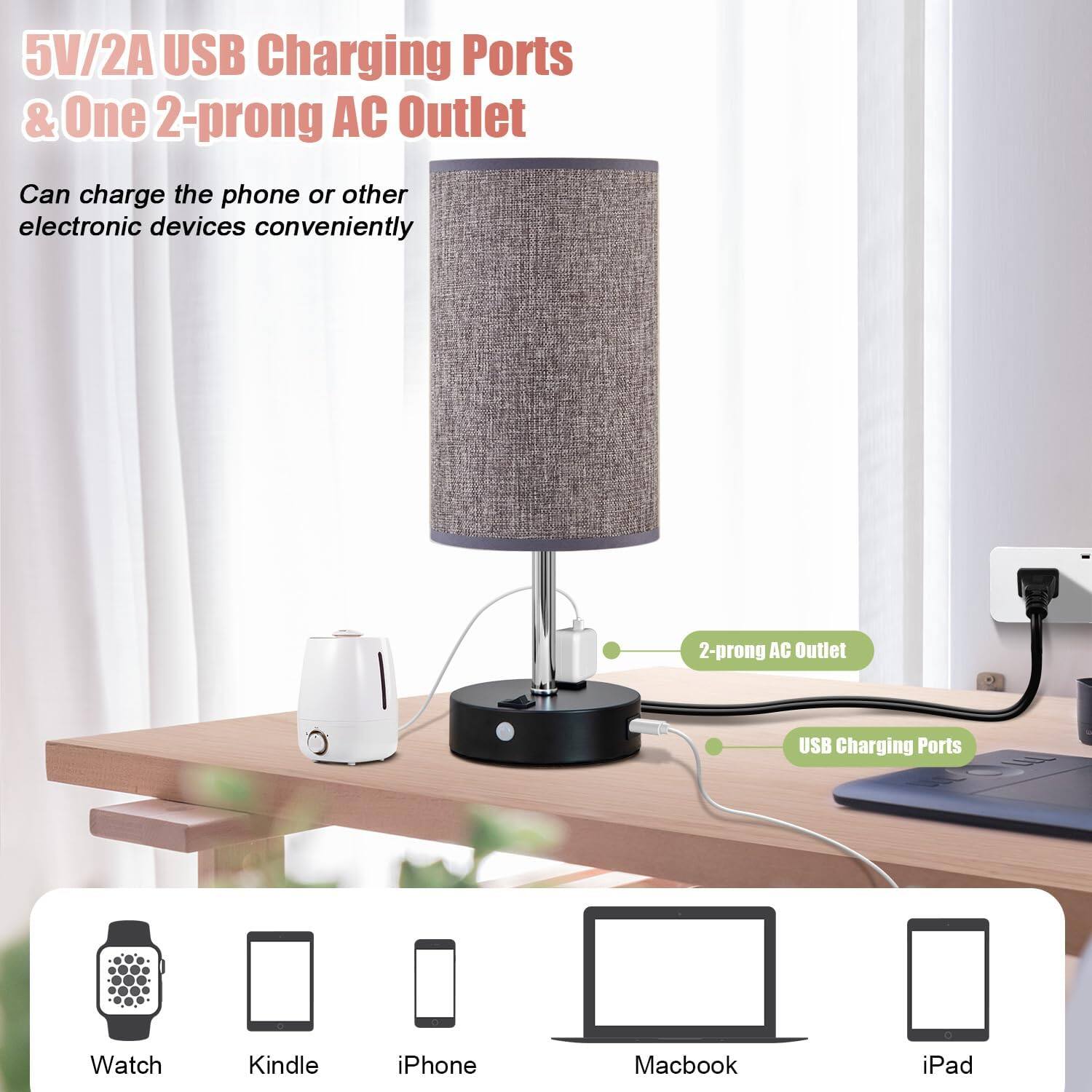 5V/2A USB Charging Ports & One 2-prong AC Outlet

Can charge the phone or other electronic devices conveniently

- 2-prong AC Outlet
- USB Charging Ports

Devices:
- Watch
- Kindle
- iPhone
- Macbook
- iPad