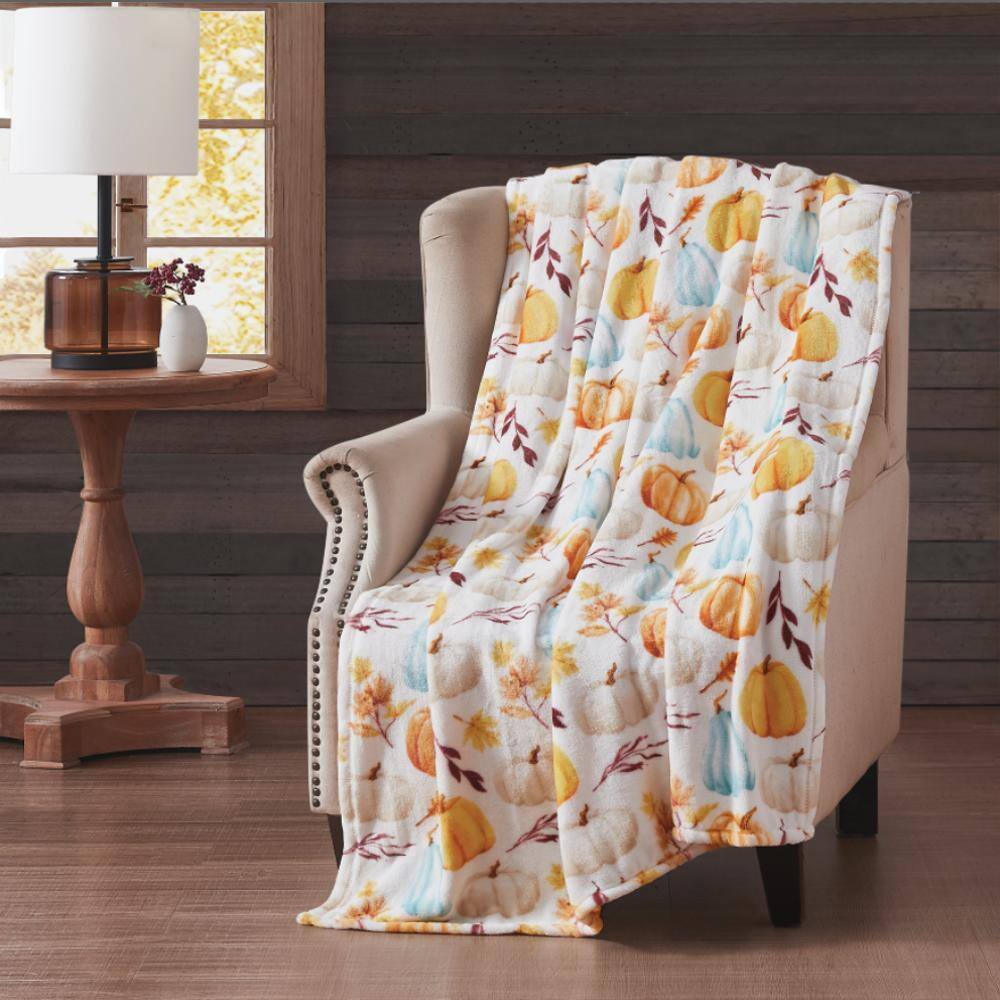 Front. RT Designers Collection - RT Designer's Collection Harvest Pastel Pumpkins Printed Flannel Throw Blanket 50" x 70" Multicolor - Multicolor.