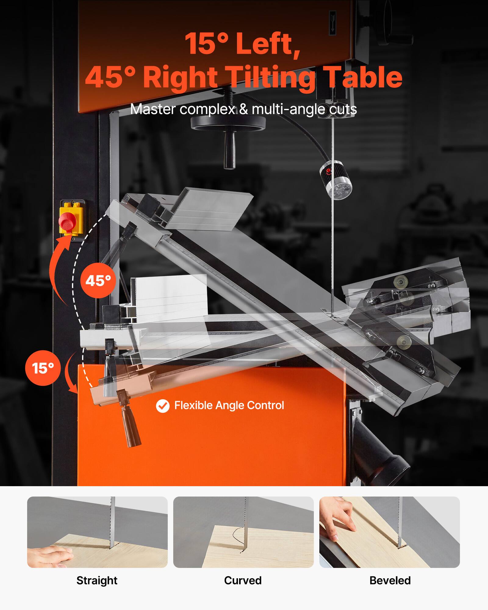 15° Left, 45° Right Tilting Table  
Master complex & multi-angle cuts  

45°  
15°  

Flexible Angle Control  

Straight  
Curved  
Beveled