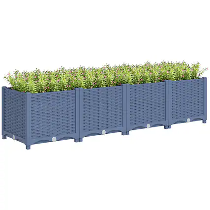 Front. Outsunny - 5 x 1 x 1 ft Raised Garden Bed, Indoor Outdoor Plastic Planter Box with Drainage Holes, Drain Plugs and Water Reservoirs - Blue.