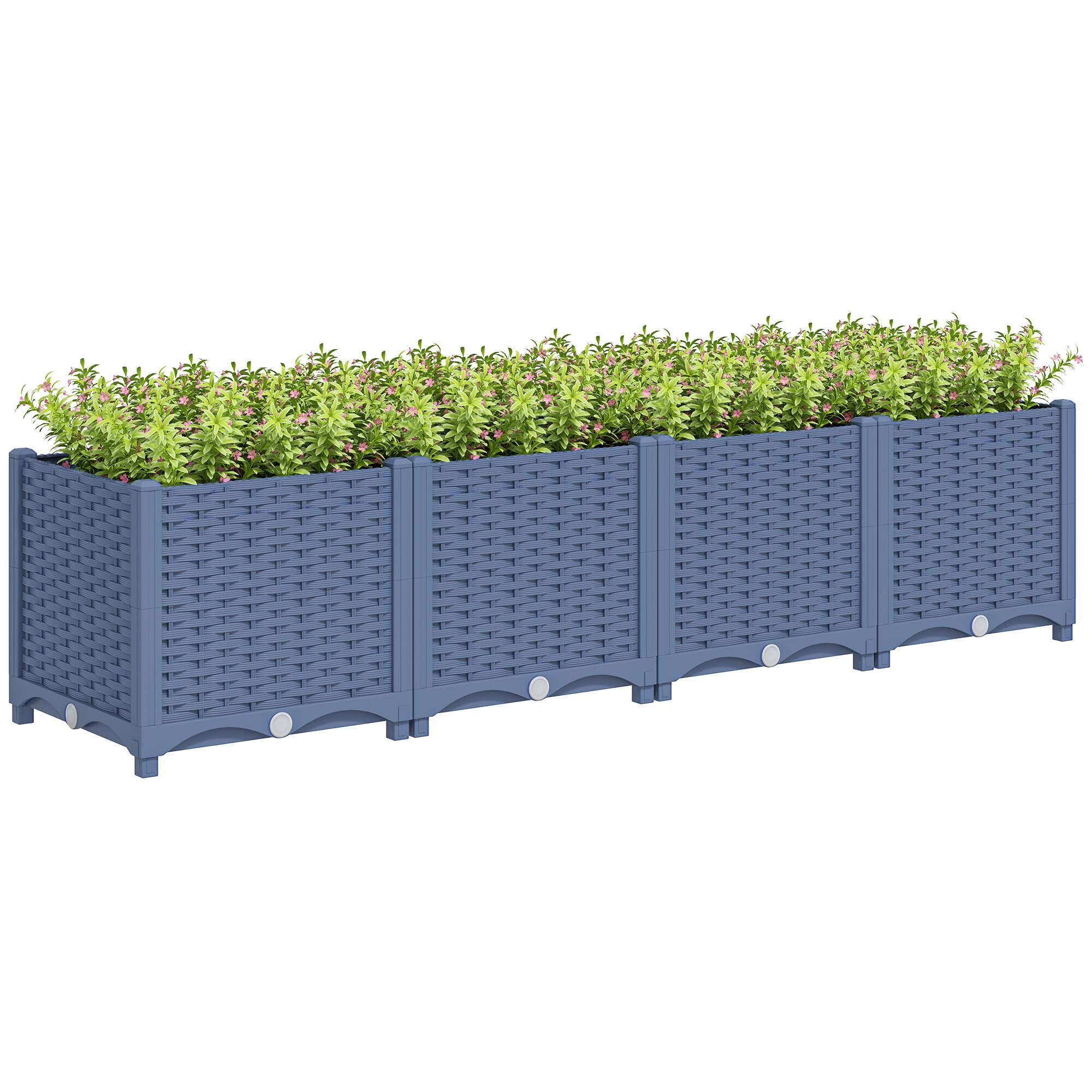 Front. Outsunny - 5 x 1 x 1 ft Raised Garden Bed, Indoor Outdoor Plastic Planter Box with Drainage Holes, Drain Plugs and Water Reservoirs - Blue.