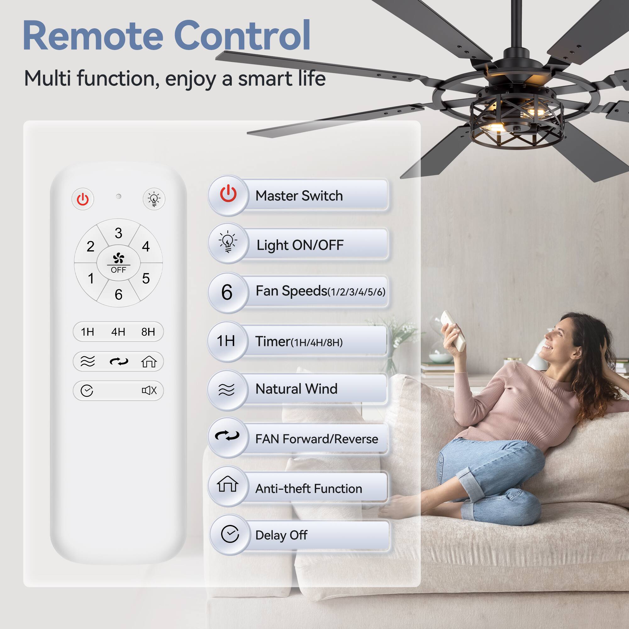 Remote Control, Multi function, enjoy a smart life
Master Switch
Light ON/OFF
Fan Speeds(1/2/3/4/5/6)
Timer(1H/4H/8H)
Natural Wind
FAN Forward/Reverse
Anti-theft Function
Delay Off