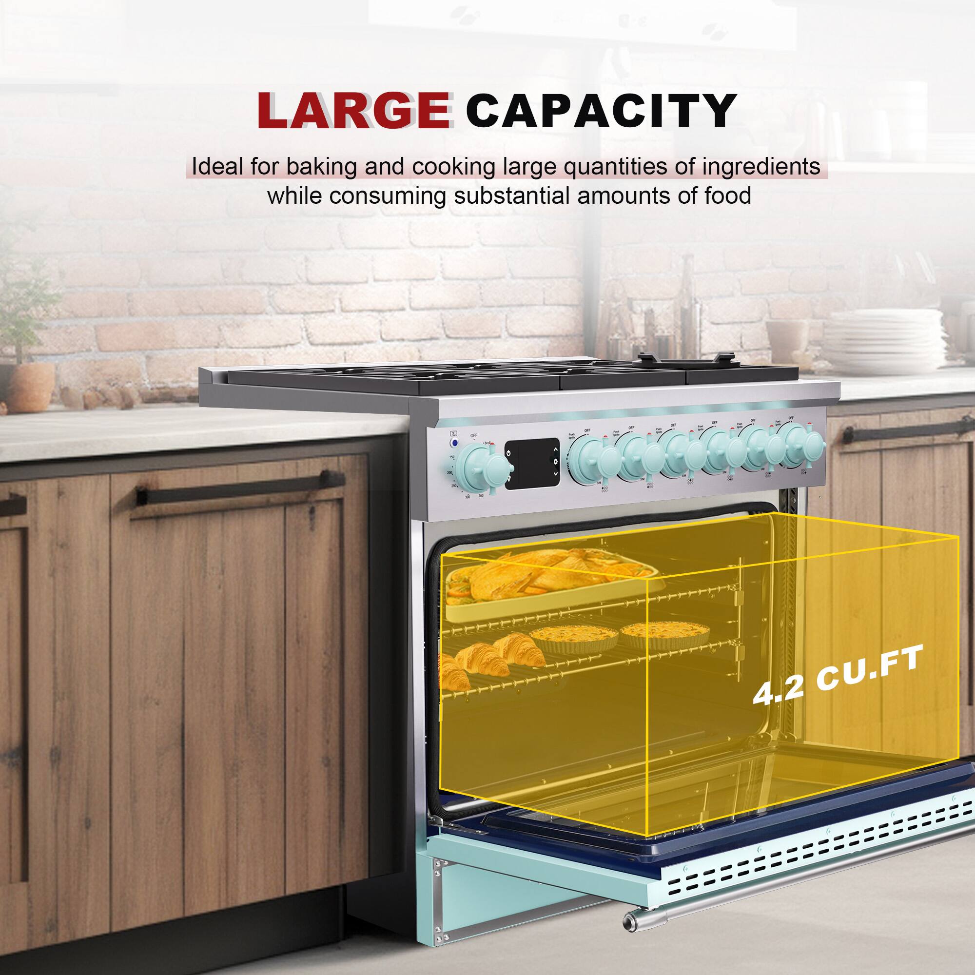 LARGE CAPACITY  
Ideal for baking and cooking large quantities of ingredients while consuming substantial amounts of food  
4.2 CU.FT