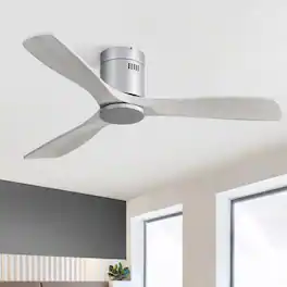 Sofucor - 52'' Grey Ceiling Fan Modern Flush Mount Ceiling Fan No Light with Remote 3 Wood Blades for Bedroom/Farmhouse/Patio - Silver