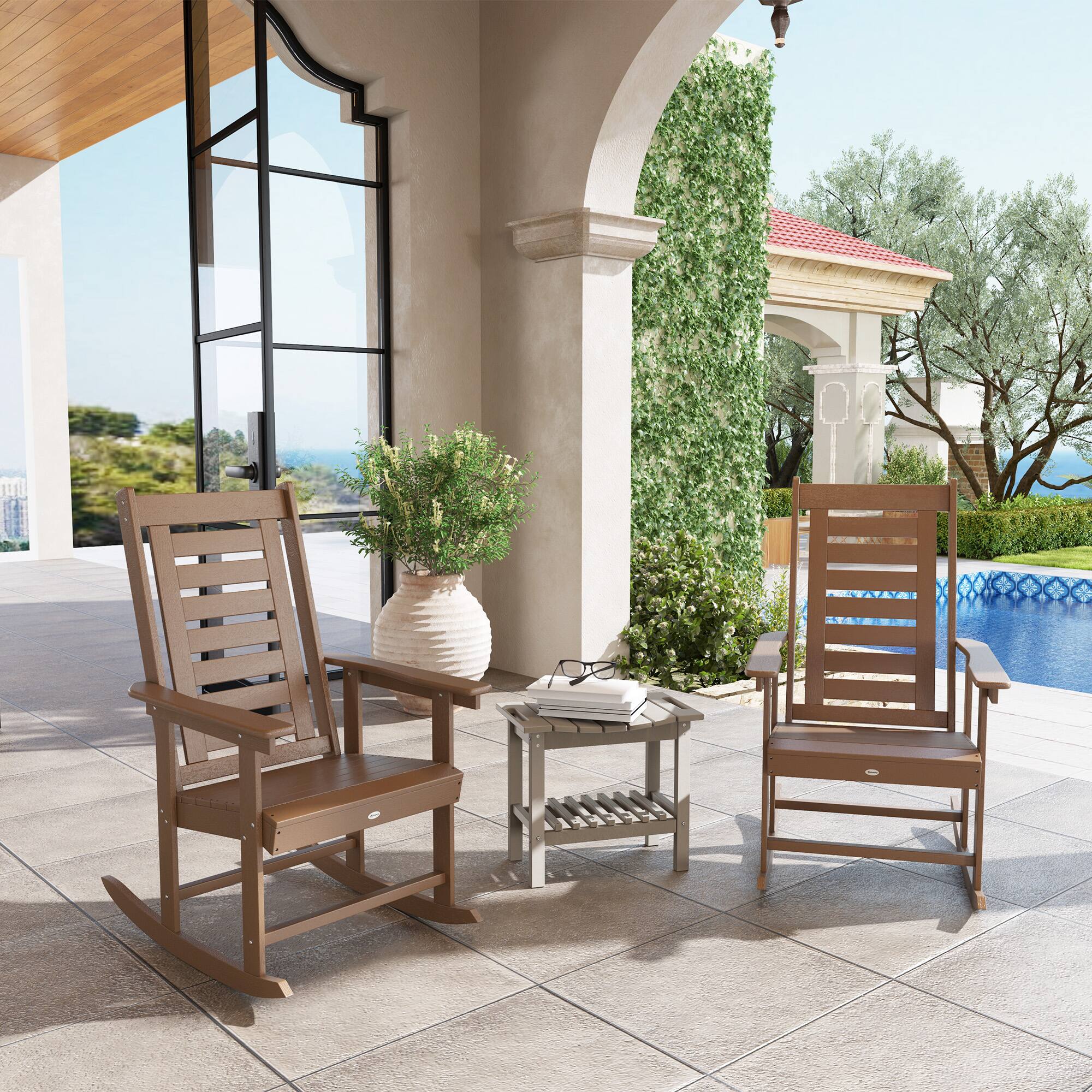 Alt View 1. Outsunny - Outdoor Rocking Chairs Set of 2, HDPE Patio Rocking Chairs with 28" High Back and Wide Armrests - Brown.