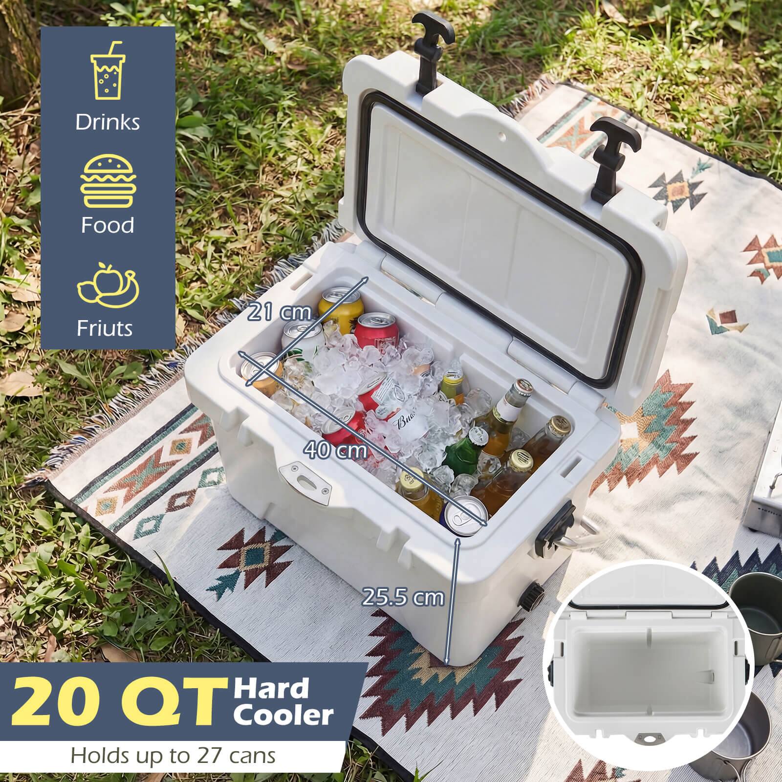 Drinks  
Food  
Fruits  

21 cm X 40 cm X 25.5 cm  

20 QT Hard Cooler  
Holds up to 27 cans
