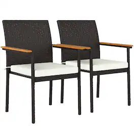 Outsunny - Wicker Outdoor Dining Chairs Set of 2, Stackable PE Rattan Patio Dining Chairs with Cushions and Acacia Wood Armrests - Cream White