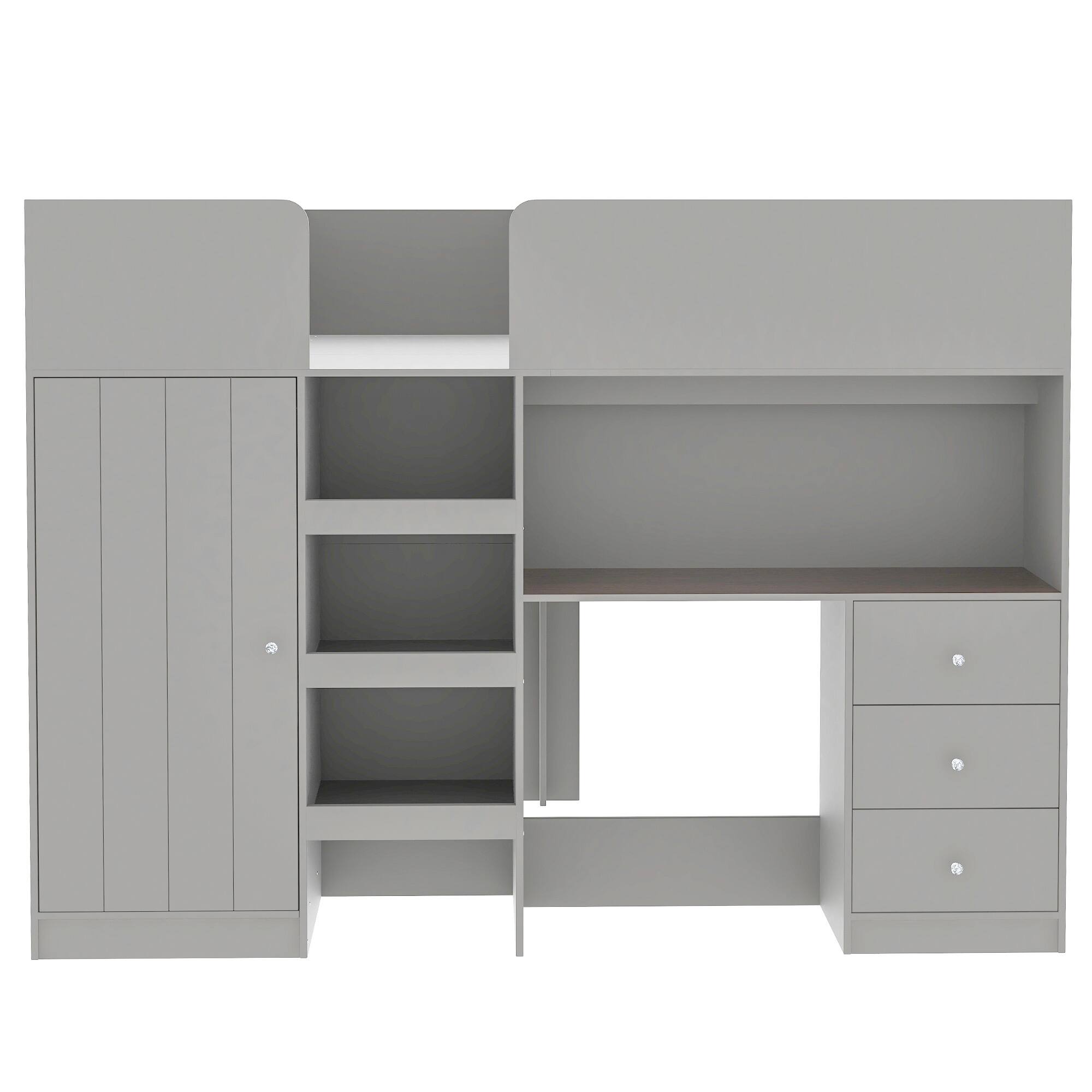 Alt View 1. Whisen - Full Size Loft Bed with Desk, Wardrobe, Storage Shelves, Drawers and Full-Length Guardrails for Bedroom - Gray.