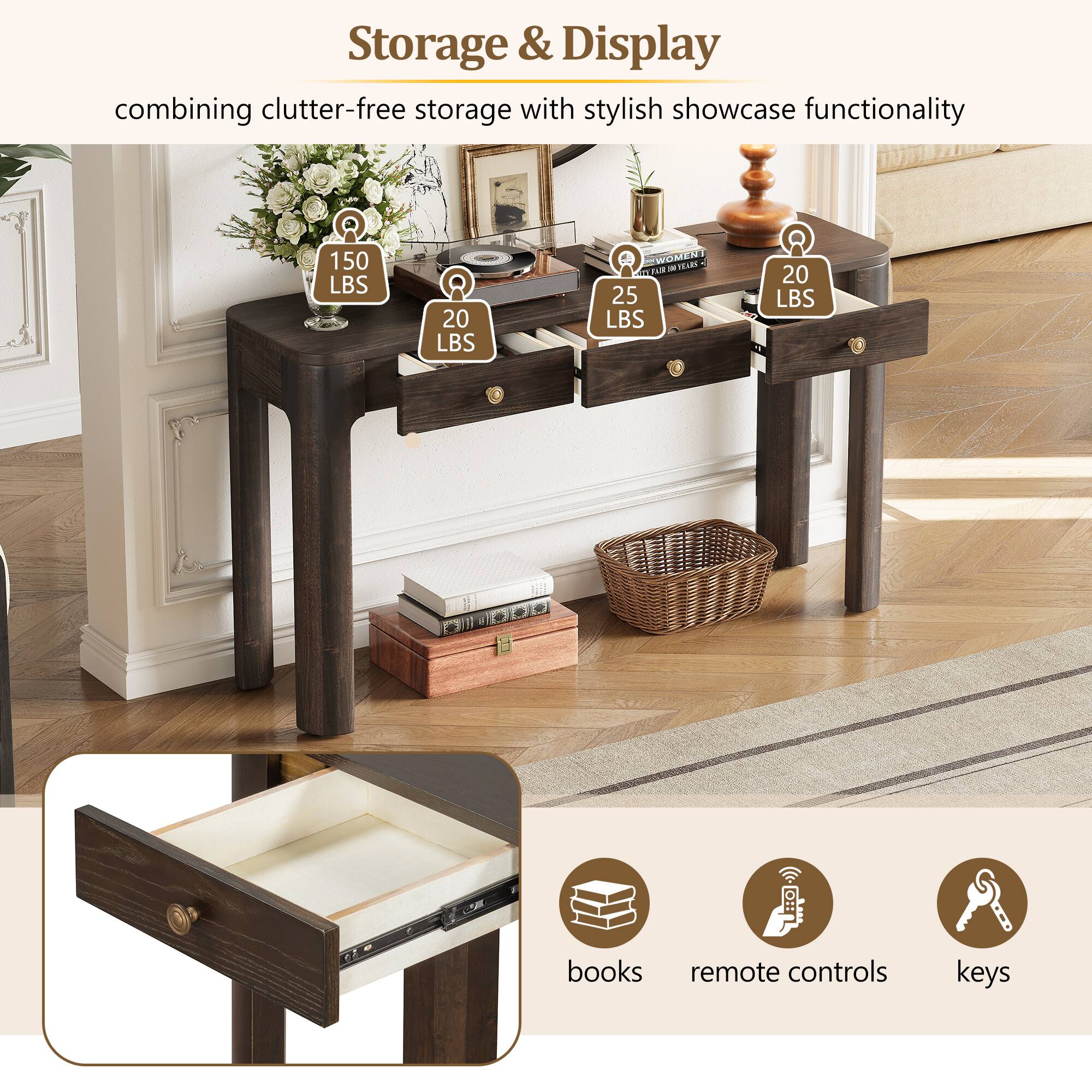 Storage & Display  
combining clutter-free storage with stylish showcase functionality

150 LBS  
20 LBS  
25 LBS  
20 LBS

books  
remote controls  
keys
