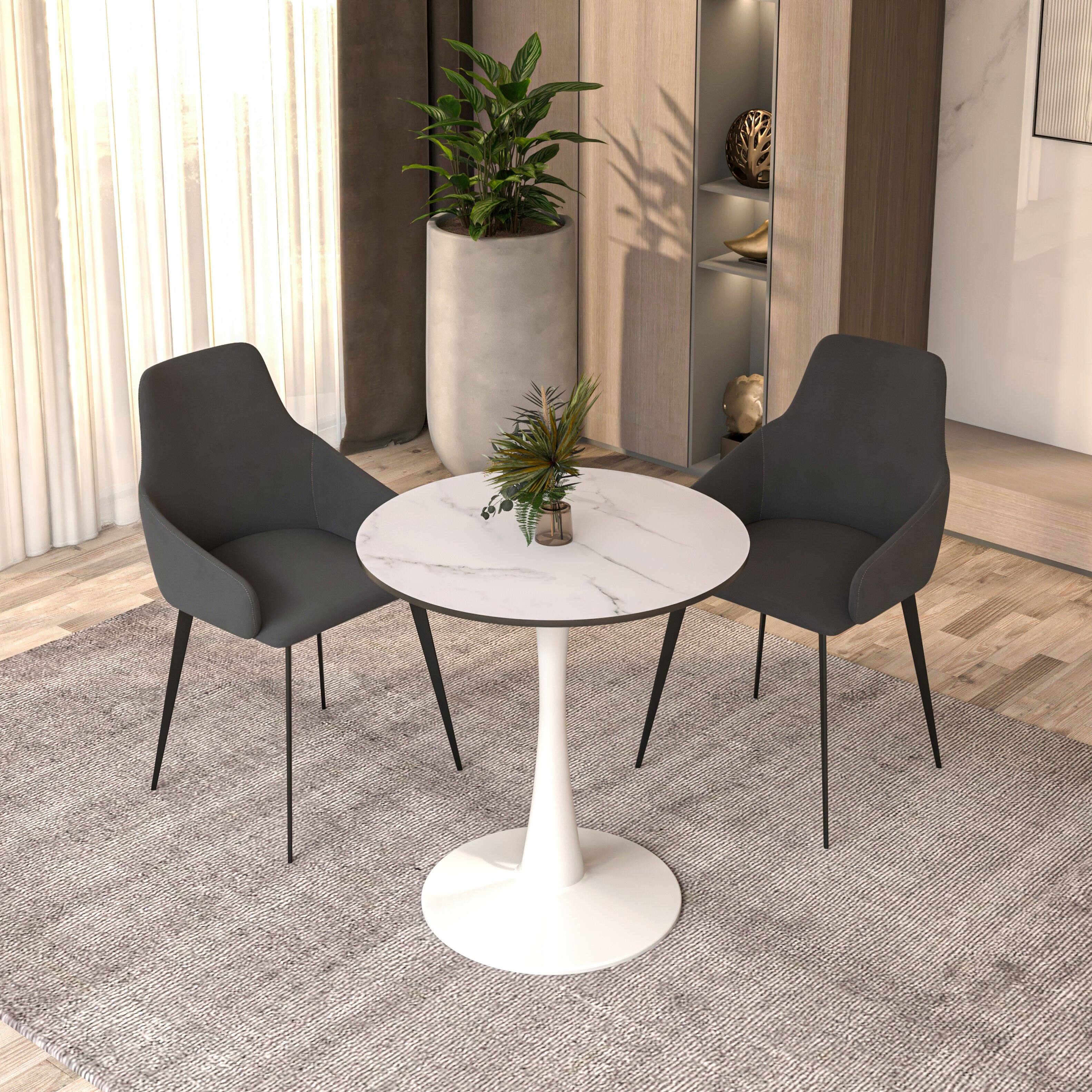 Left. LeisureMod - Bristol 24" Modern Round Dining Table with White Pedestal Base for Kitchen & Compact Spaces - MDF - Marbled White.