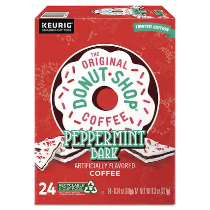 KEURIG LIMITED EDITION GENUINE K-CUP PODS
THE ORIGINAL DONUT SHOP COFFEE, PEPPERMINT BARK ARTIFICIALLY FLAVORED COFFEE
RECYCLABLE 24 PEEL - EMPTY - RECYCLE PODS
24 - 0.34 OZ (9.9g)/EA
NET WT 8.3 OZ (237g)