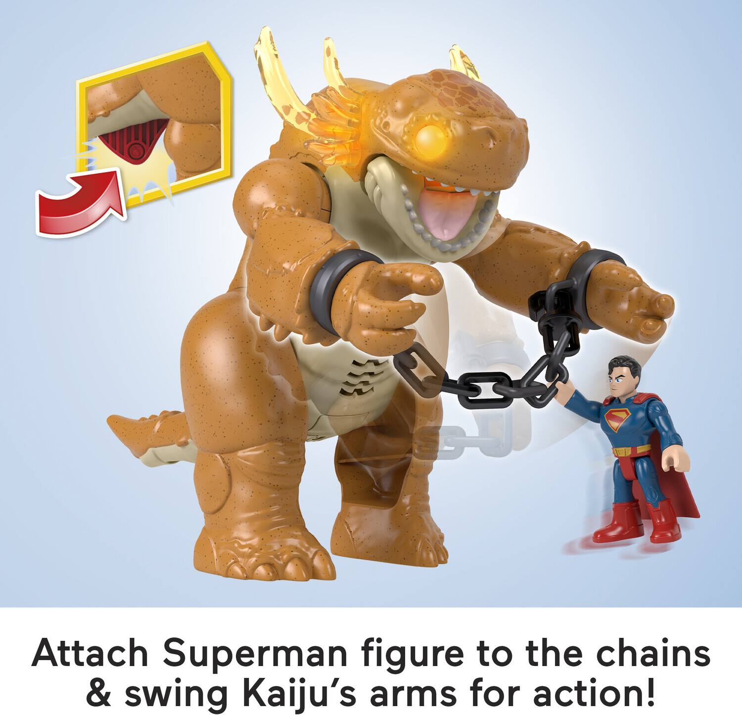 Attach Superman figure to the chains & swing Kaiju's arms for action!